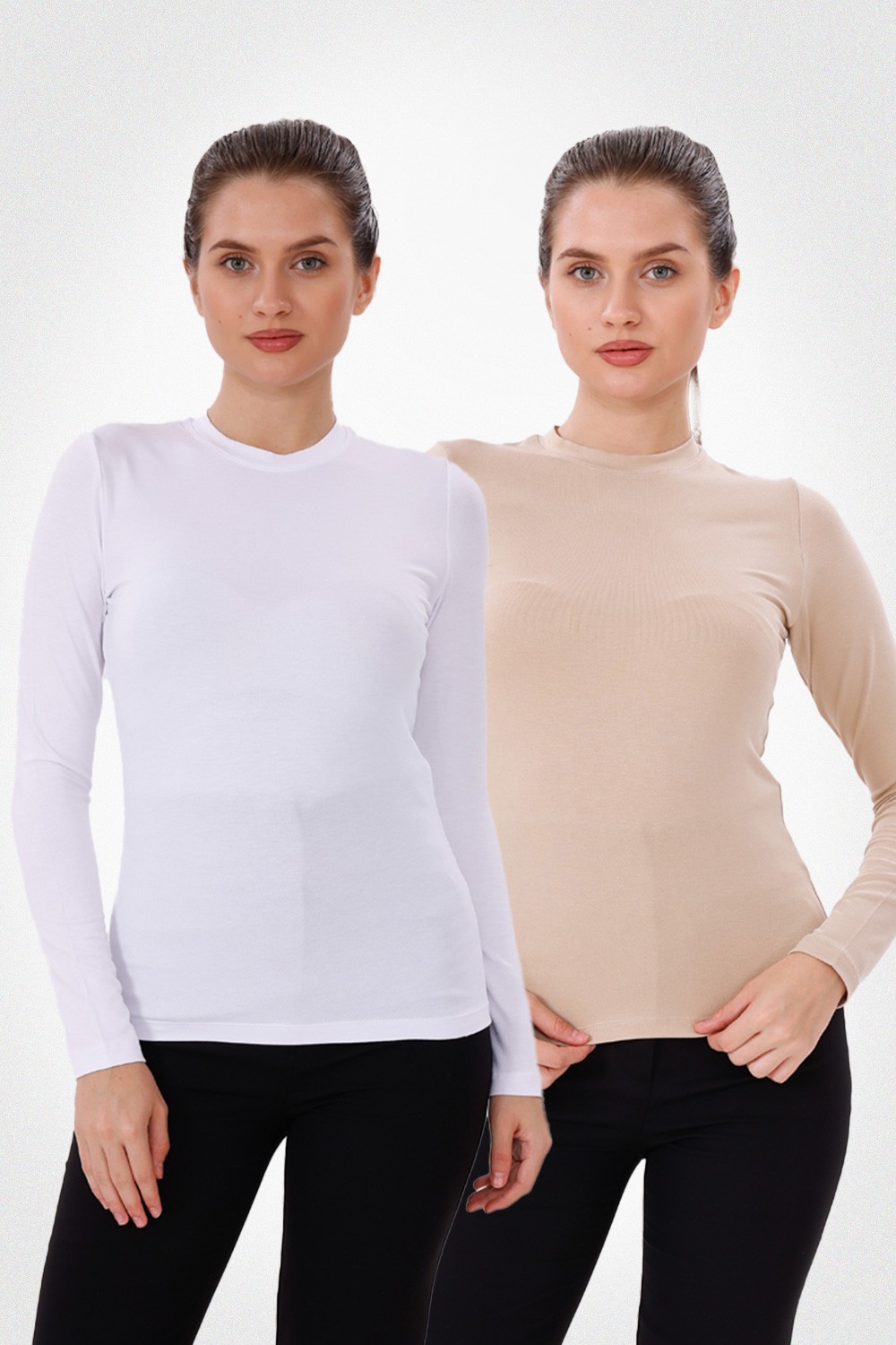 Uzun Kol Bisiklet Yaka Body 2'li Set - Beyaz,Ekru