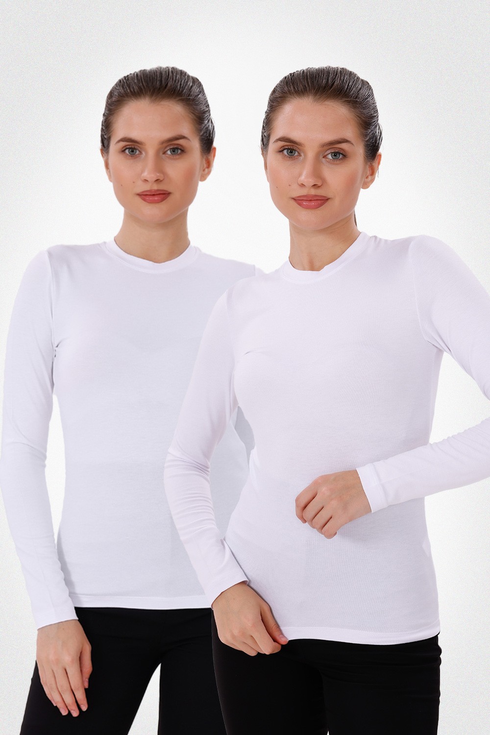 Uzun Kol Bisiklet Yaka Body 2'li Set - 2'li Beyaz