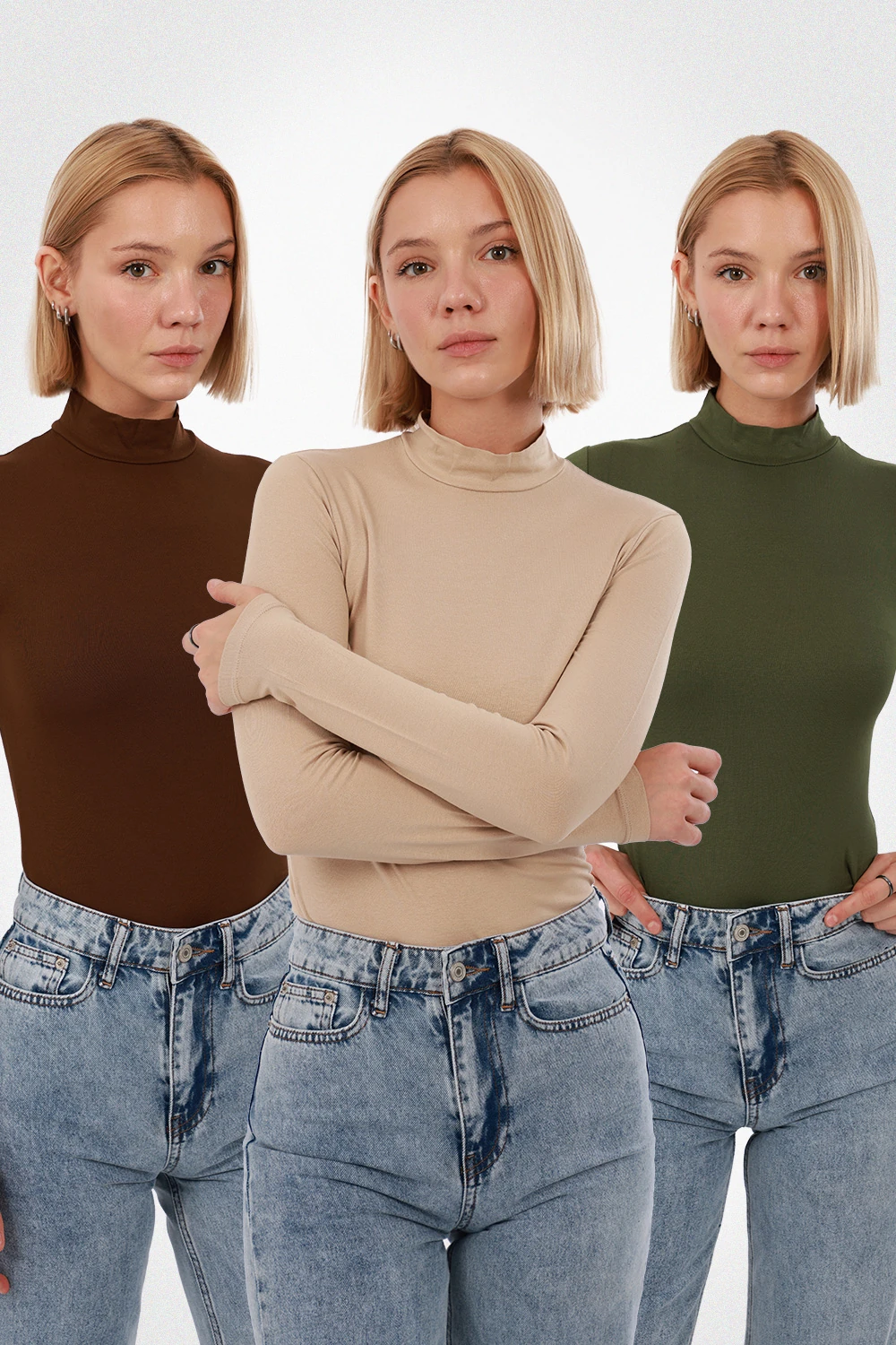 Kadın Uzun Kol Body 3’lü Set - Kahverengi, Ekru, Yeşil