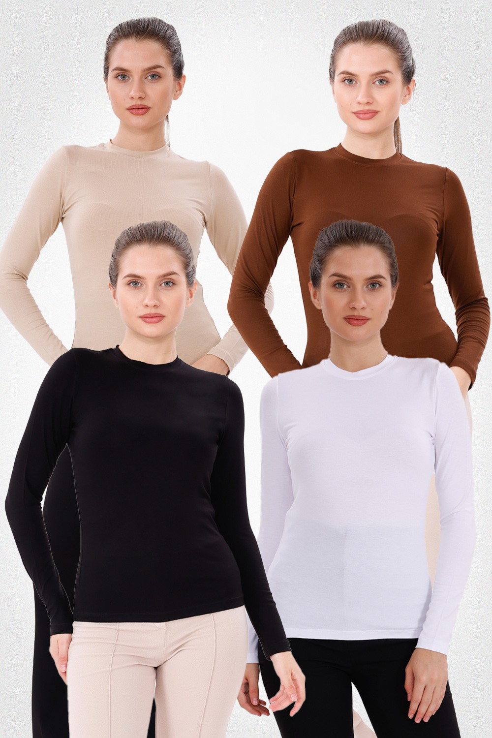 Uzun Kol Bisiklet Yaka Body 4'lü Set - Siyah,Beyaz,Kahverengi,Ekru