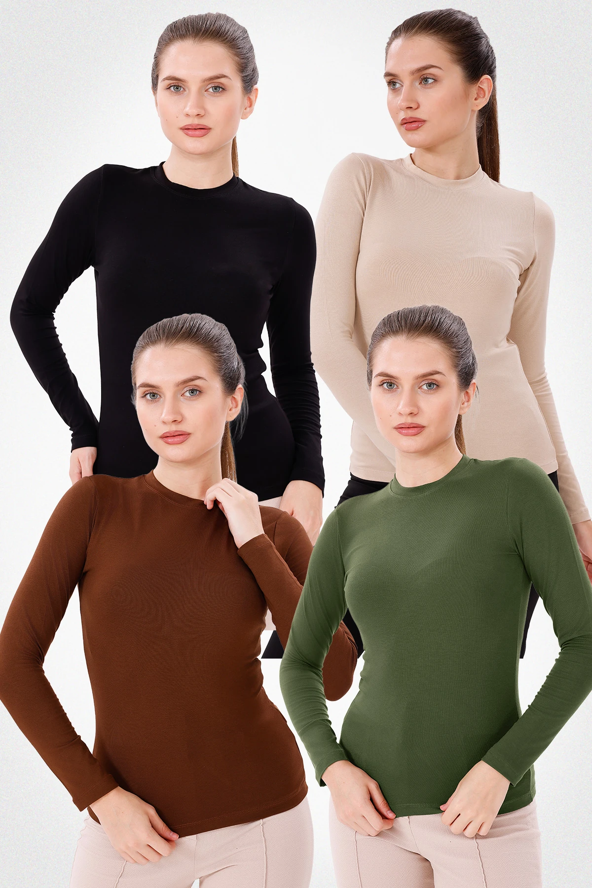 Uzun Kol Bisiklet Yaka Body 4'lü Set - Siyah,Kahverengi,Ekru,Haki