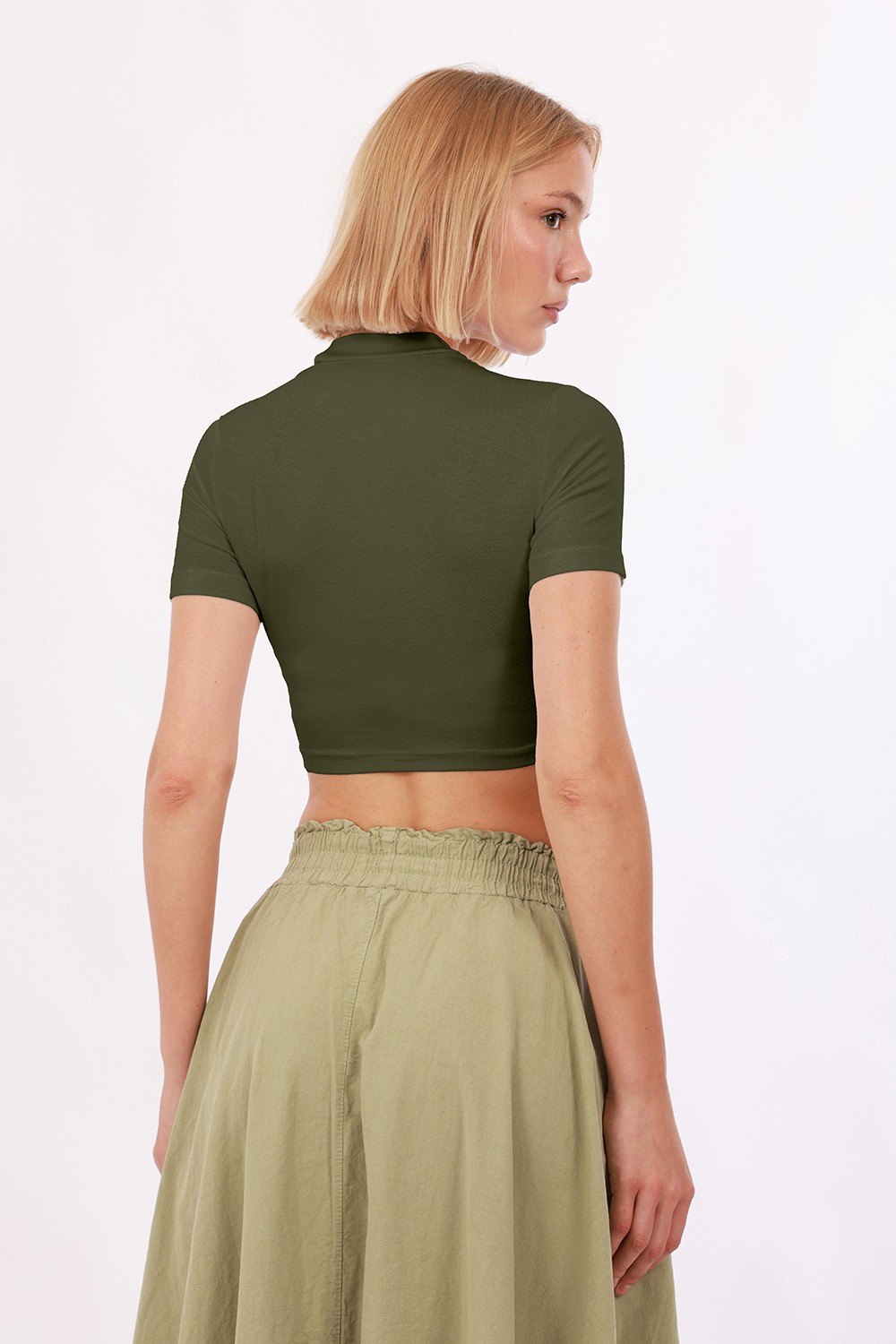 Kadın Kısa Kol Crop 2'li Set - Haki, Kırmızı