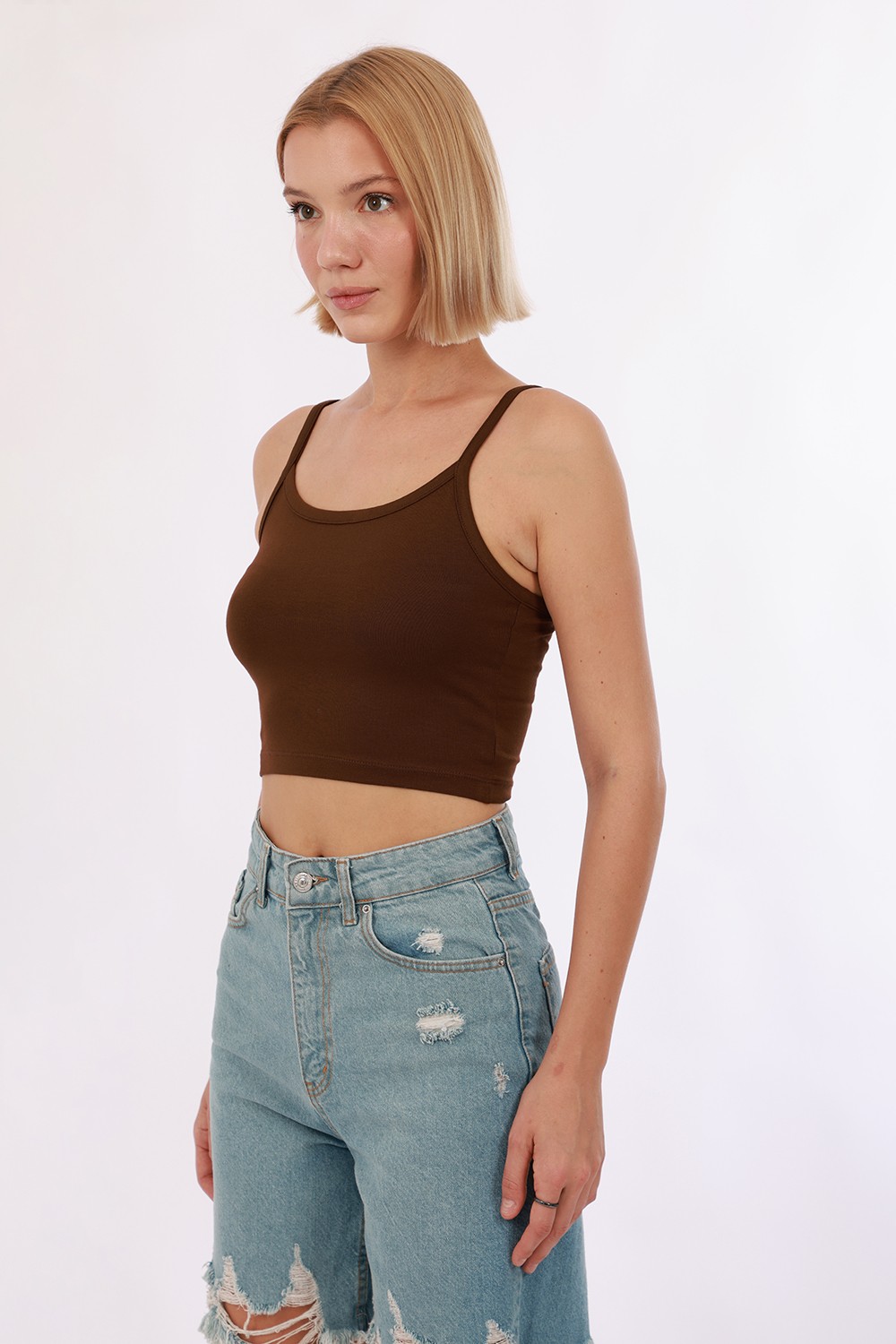 Kadın Askılı Crop - Kahverengi