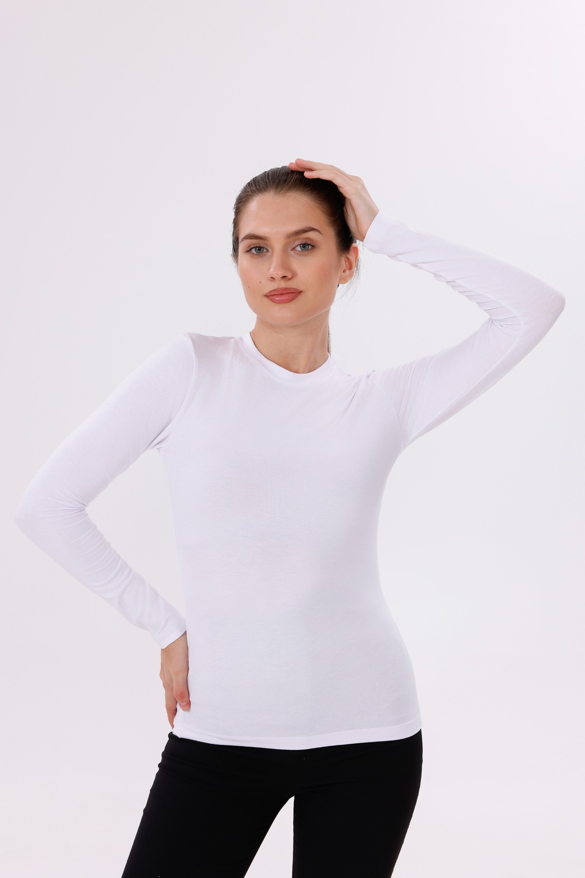 Uzun Kol Bisiklet Yaka Body 2'li Set - 2'li Beyaz