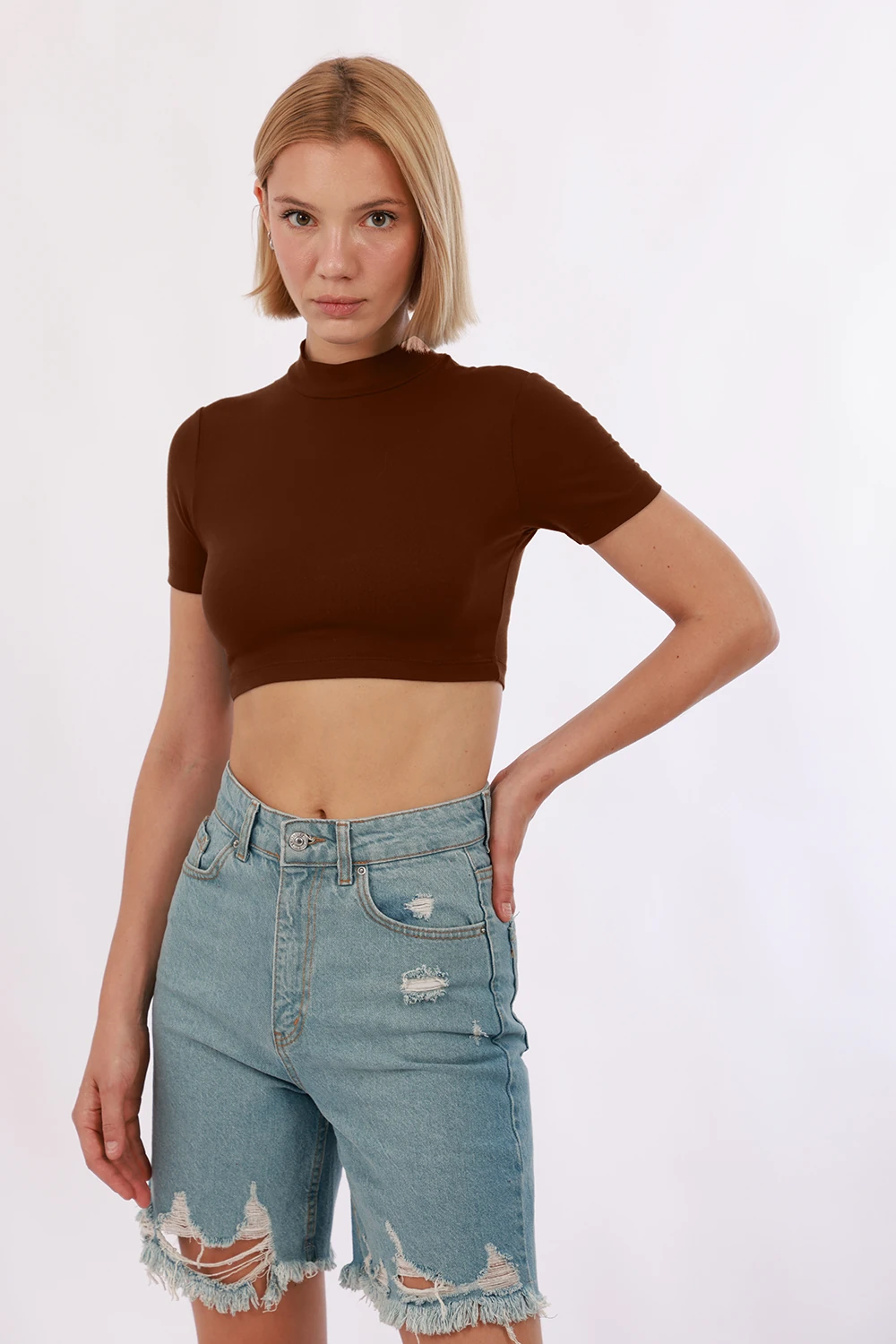 Kadın Kısa Kol Crop - Kahverengi