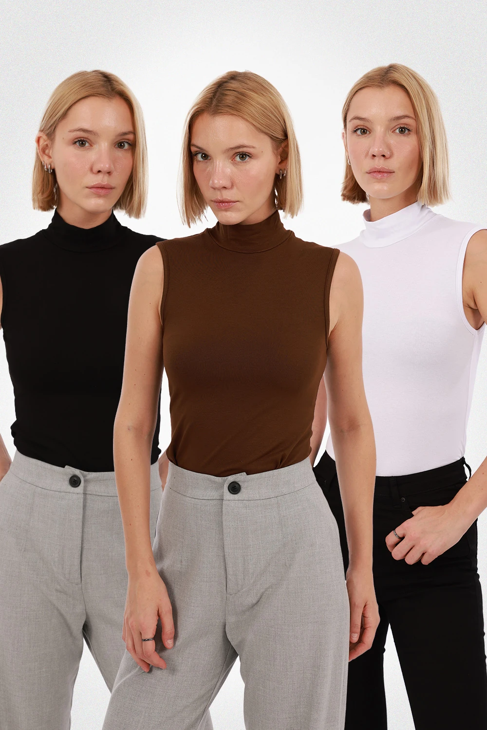 Kadın Kolsuz Bluz 3’lü Set - Siyah, Beyaz, Kahverengi