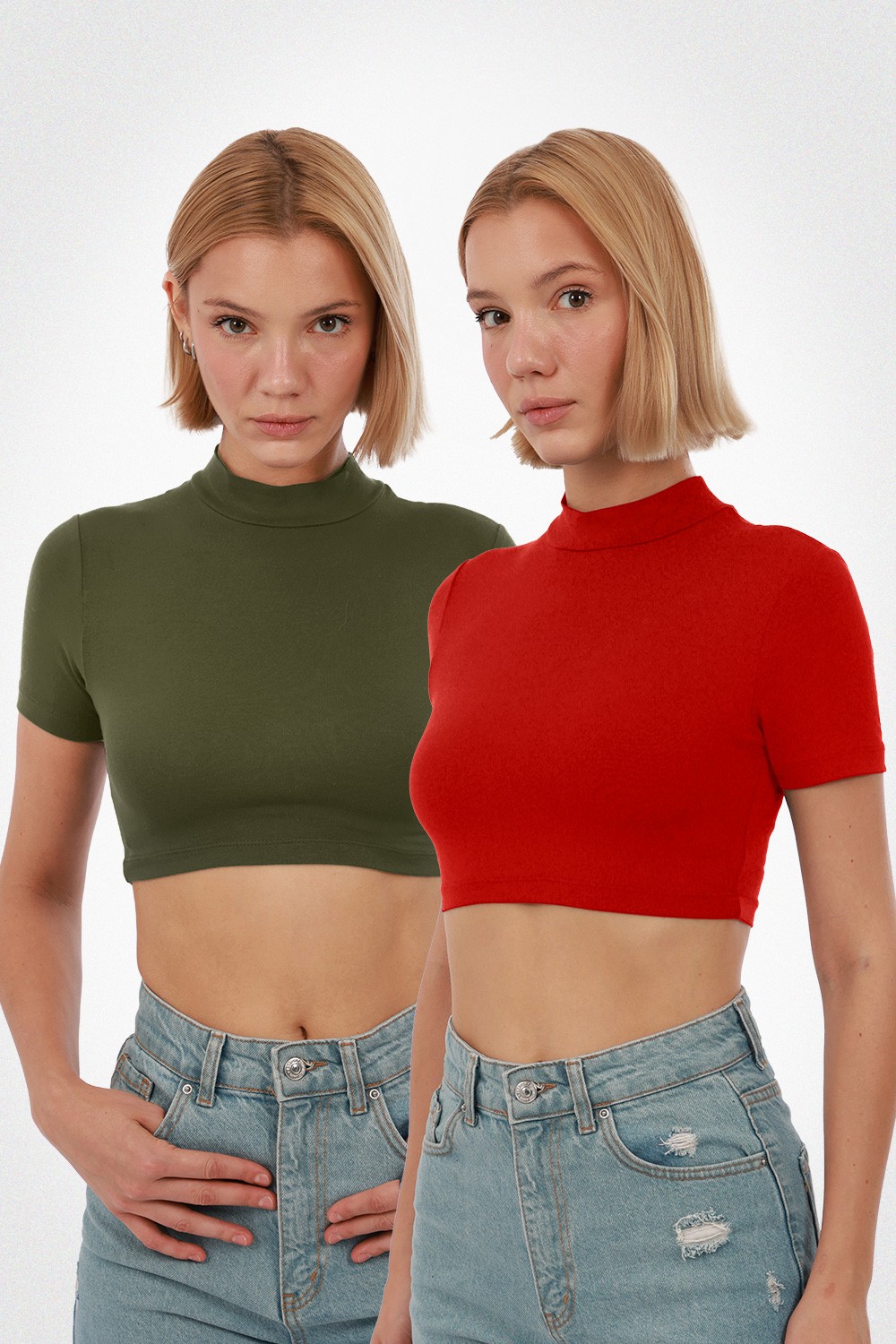 Kadın Kısa Kol Crop 2'li Set - Haki, Kırmızı