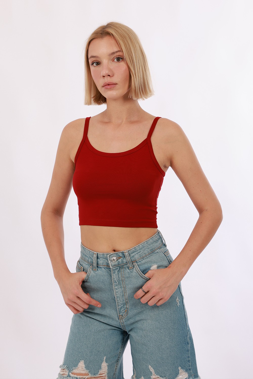 Kadın Askılı Crop - Kırmızı
