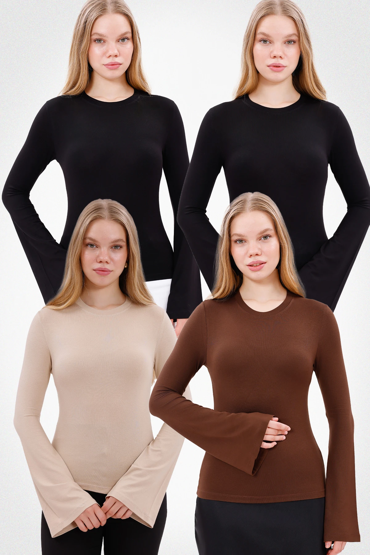 Kadın İspanyol Kol Body 4’lü Set - 2 Siyah,Kahverengi,Ekru