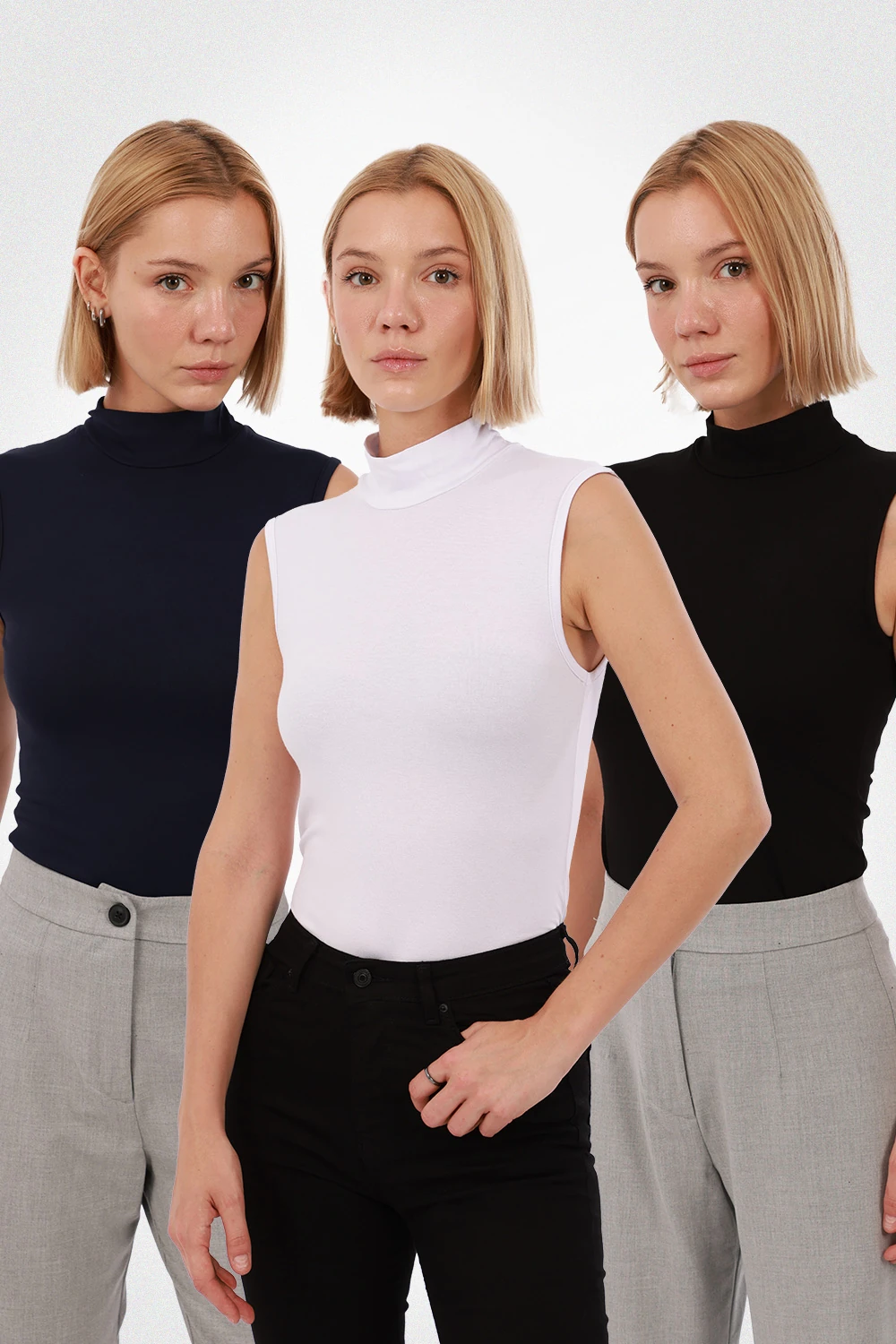 Kadın Kolsuz Bluz 3’lü Set - Siyah, Beyaz, Lacivert