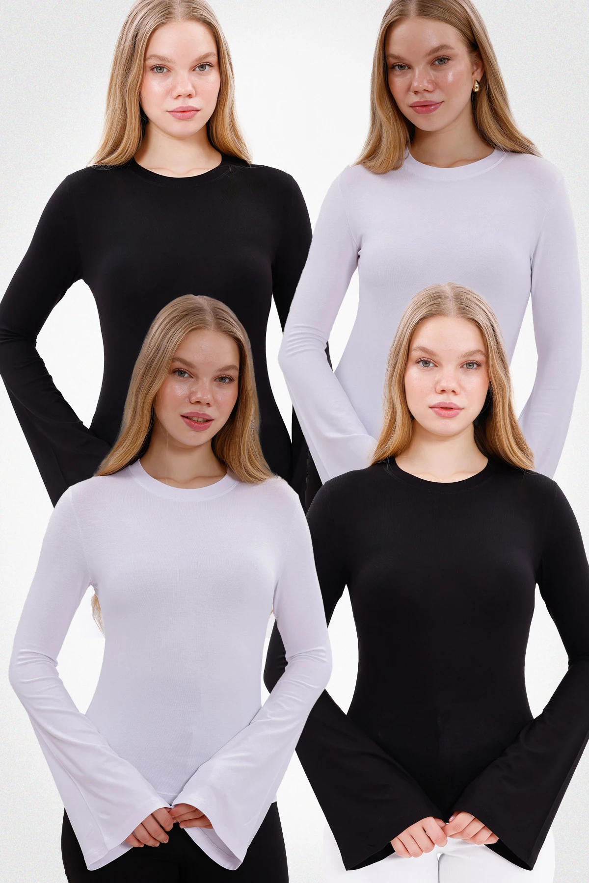 Kadın İspanyol Kol Body 4’lü Set - 2 Siyah,2 Beyaz