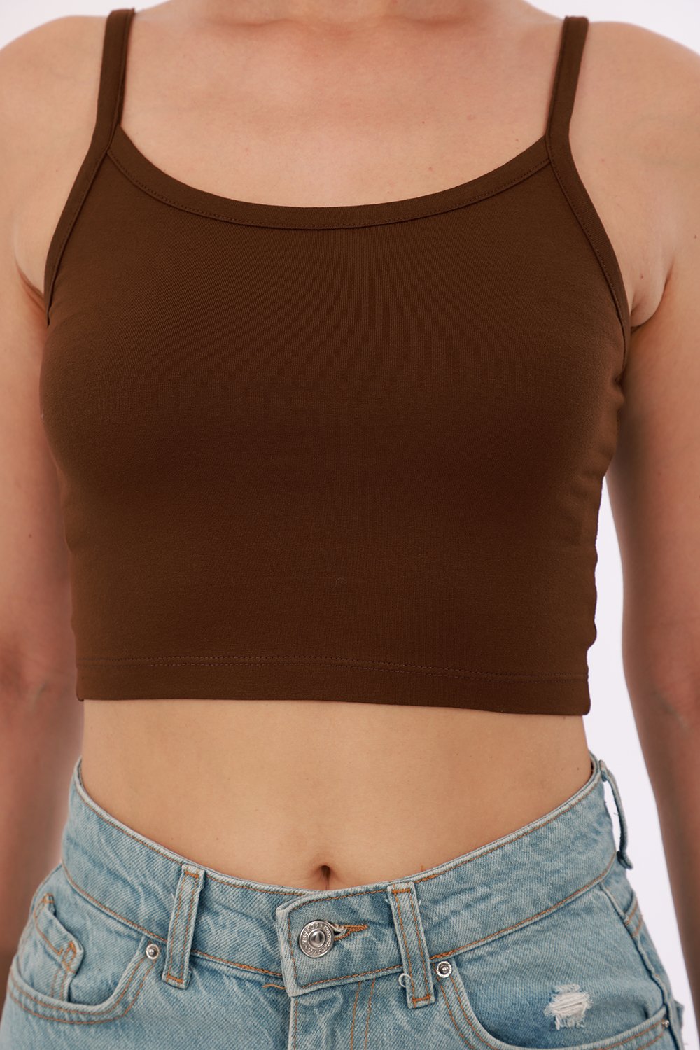 Kadın Askılı Crop - Kahverengi