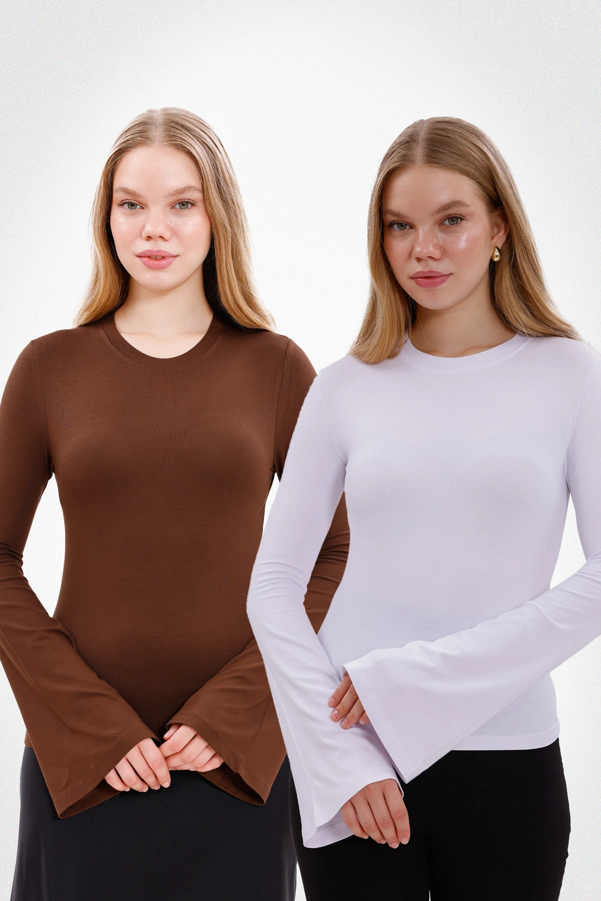 Kadın İspanyol Kol Body 2’li Set - Beyaz, Kahverengi