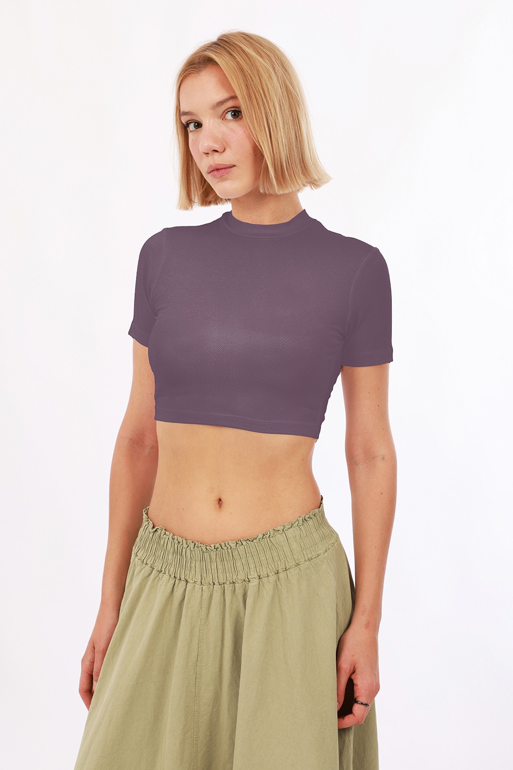Kadın Kısa Kol Crop 3'lü Set - Haki Kırmızı Mor