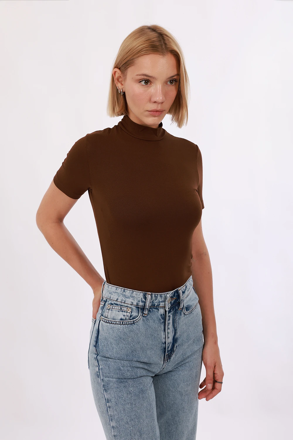 Kadın Kısa Kol Bluz - Kahverengi