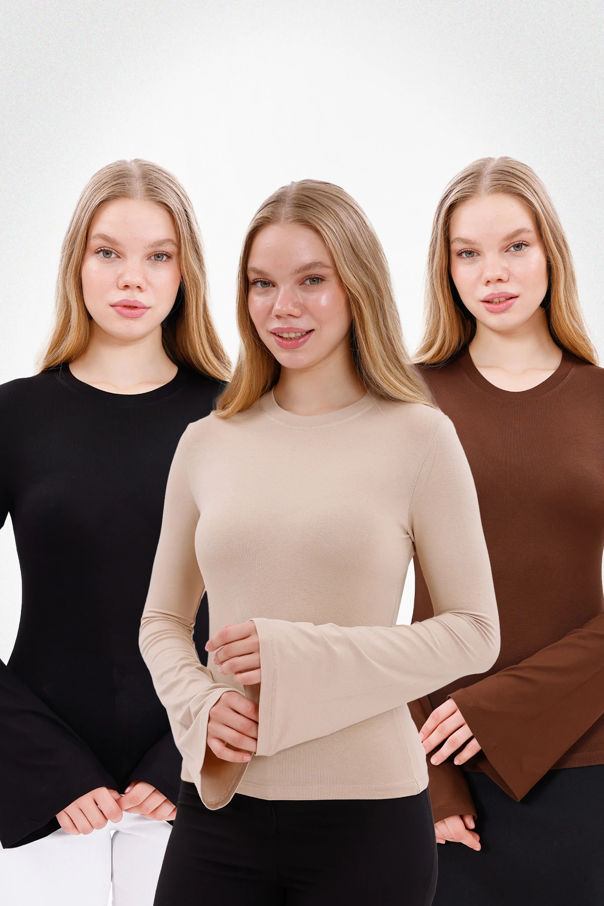 Kadın İspanyol Kol Body 3’lü Set - Siyah, Kahverengi ,Ekru