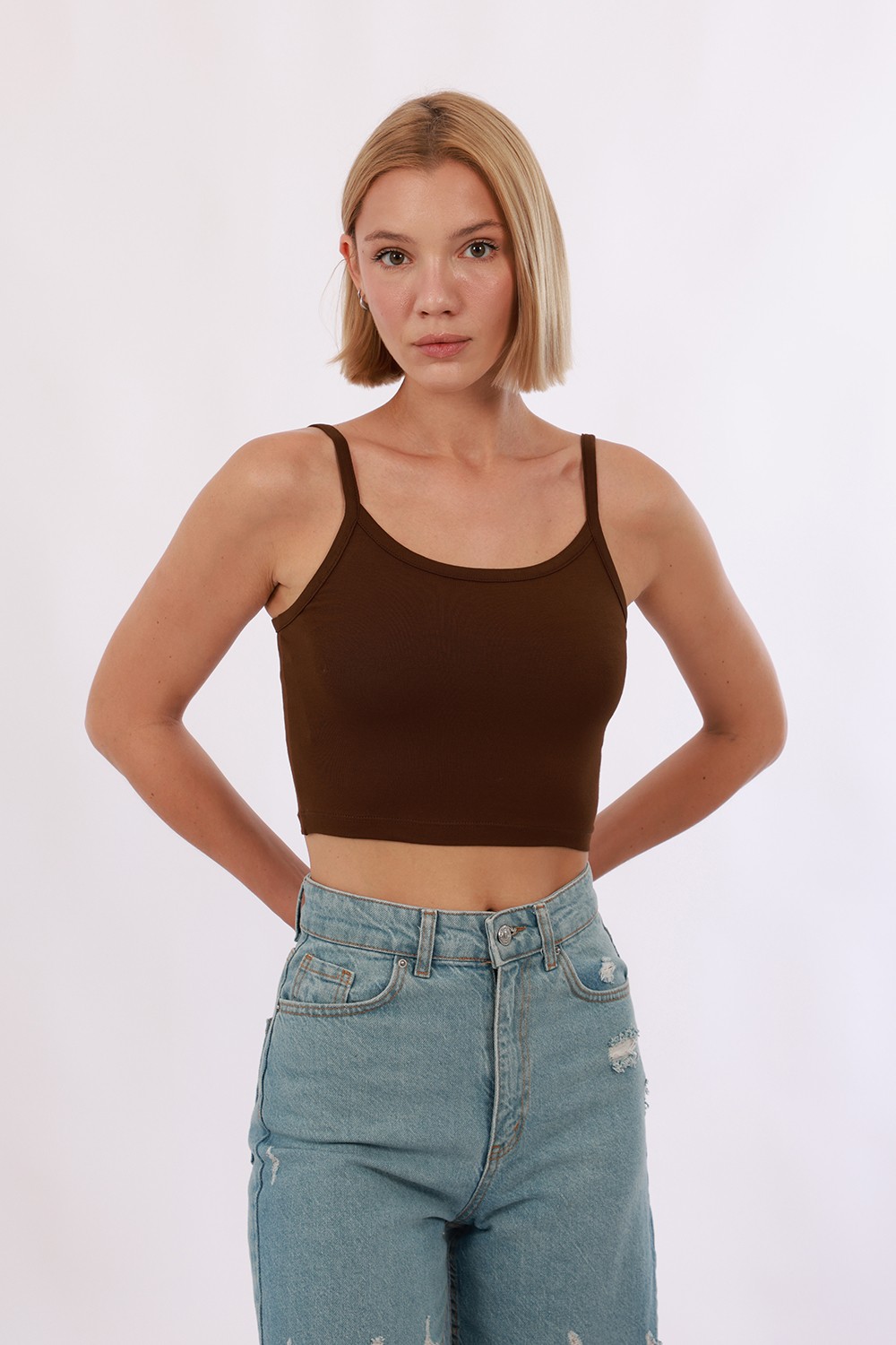 Kadın Askılı Crop - Kahverengi