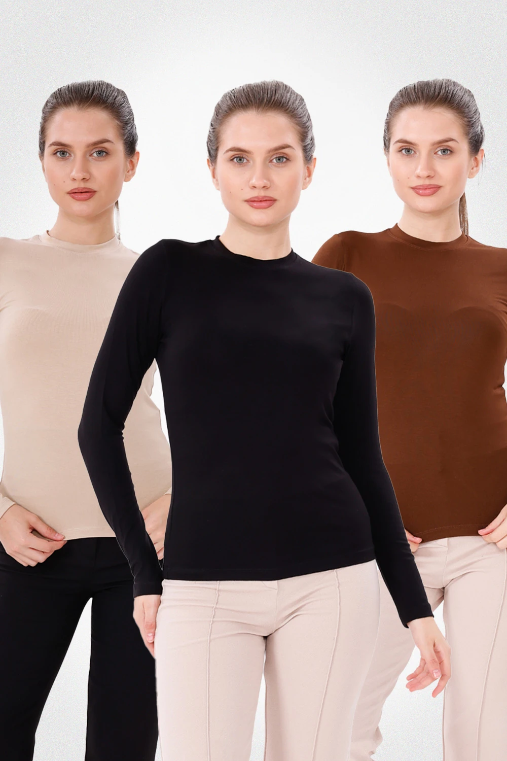 Uzun Kol Bisiklet Yaka Body 3'lü Set - Siyah,Ekru,Kahverengi