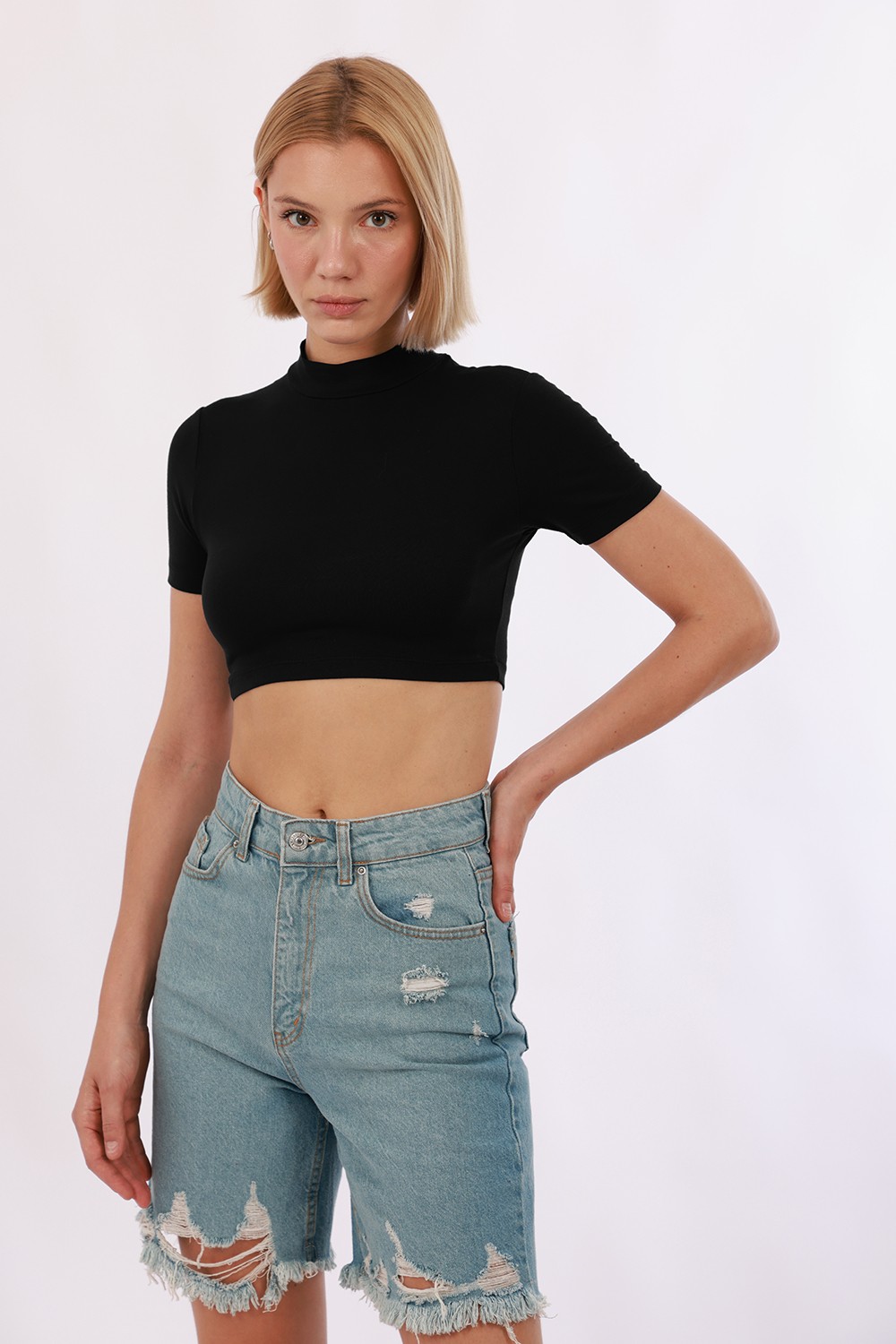 Kadın Kısa Kol Crop 2'li Set - 2'li Siyah
