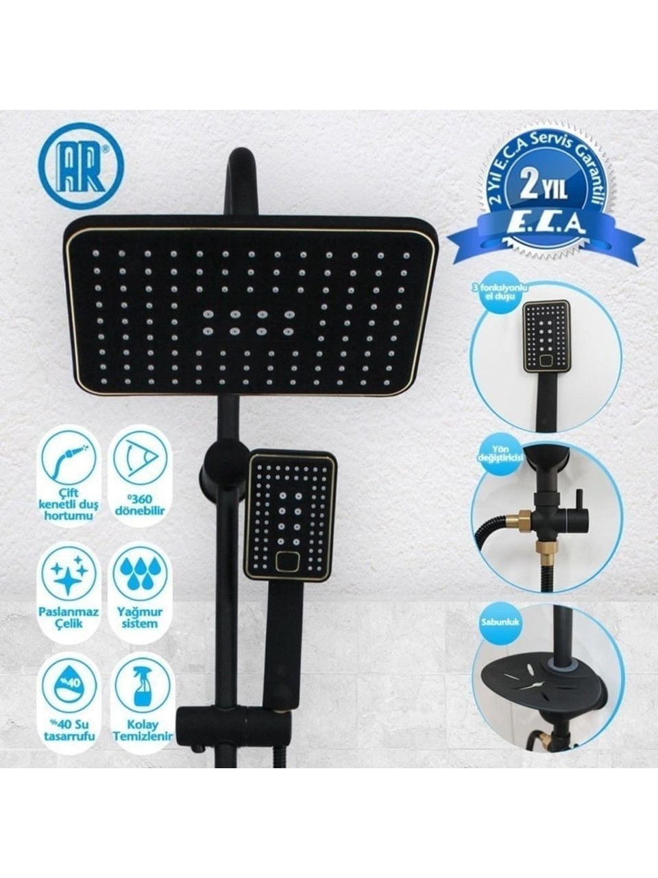 Ar Pinus Black Kolonlu Duş Seti + Bms Nautilus Siyah Banyo Bataryası