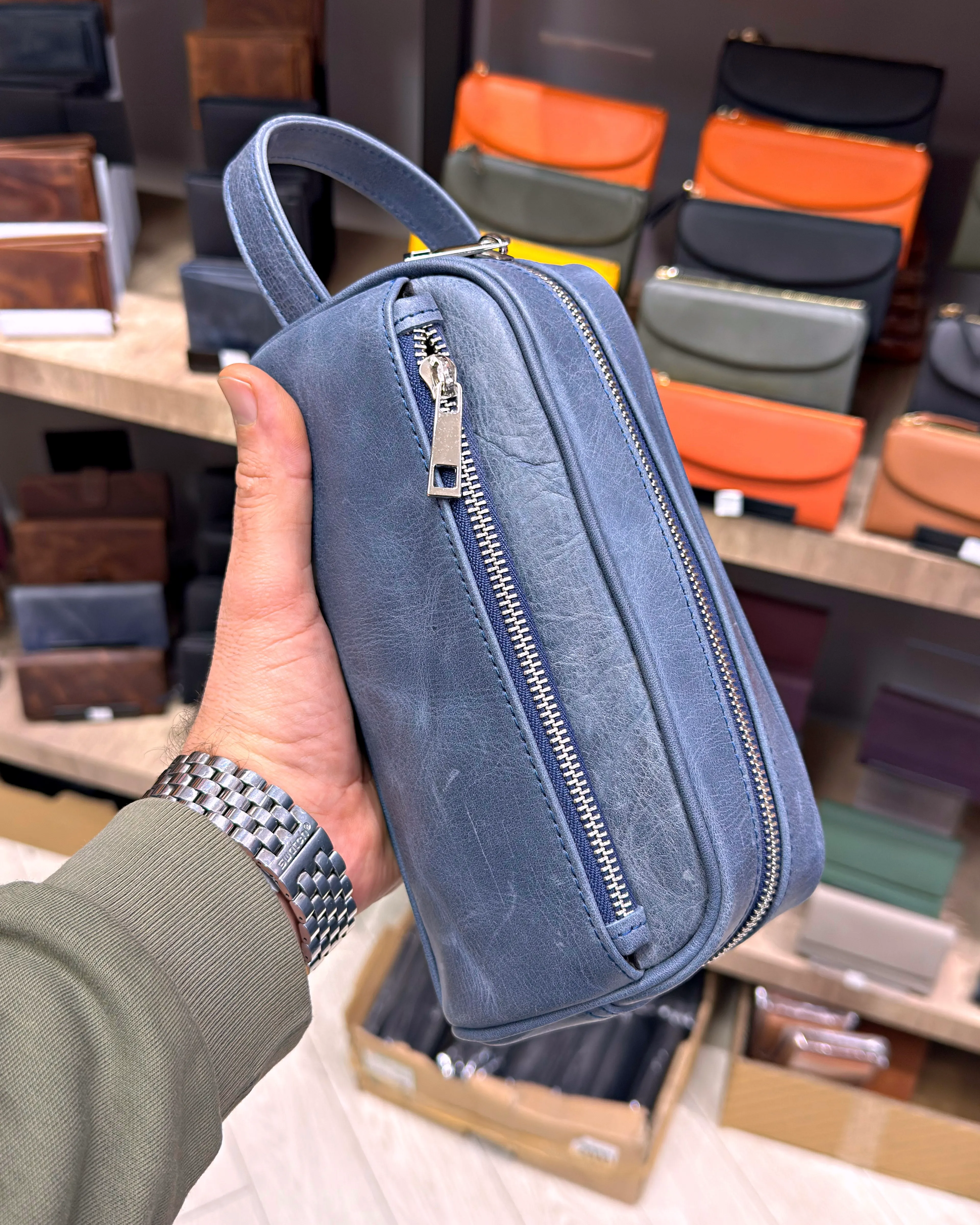 Hakiki Deri 2 Gözlü El Çantası 2058 Model - Mavi