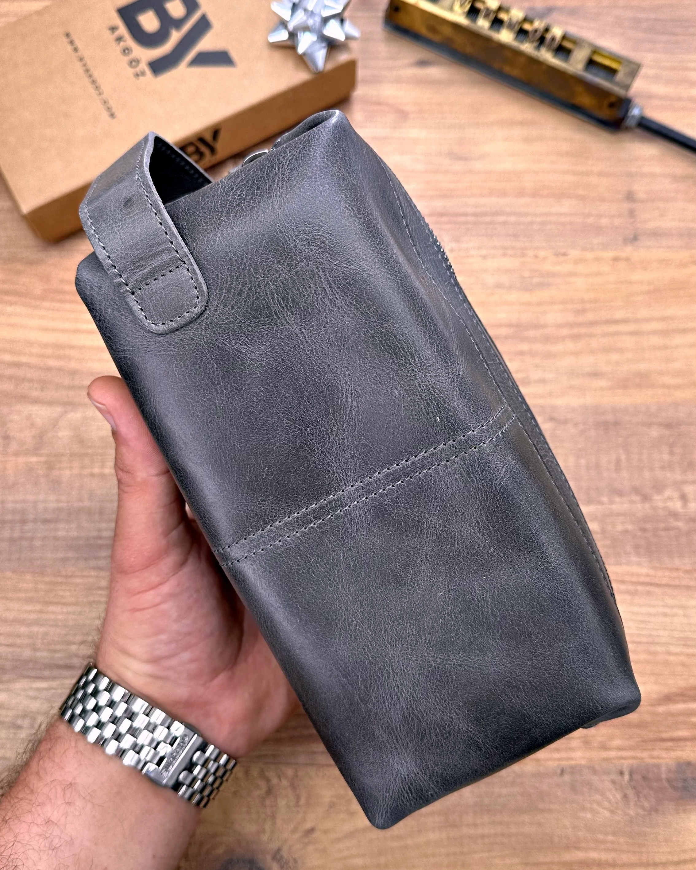 Fermuarlı El Çantası Hakiki Deri 1026