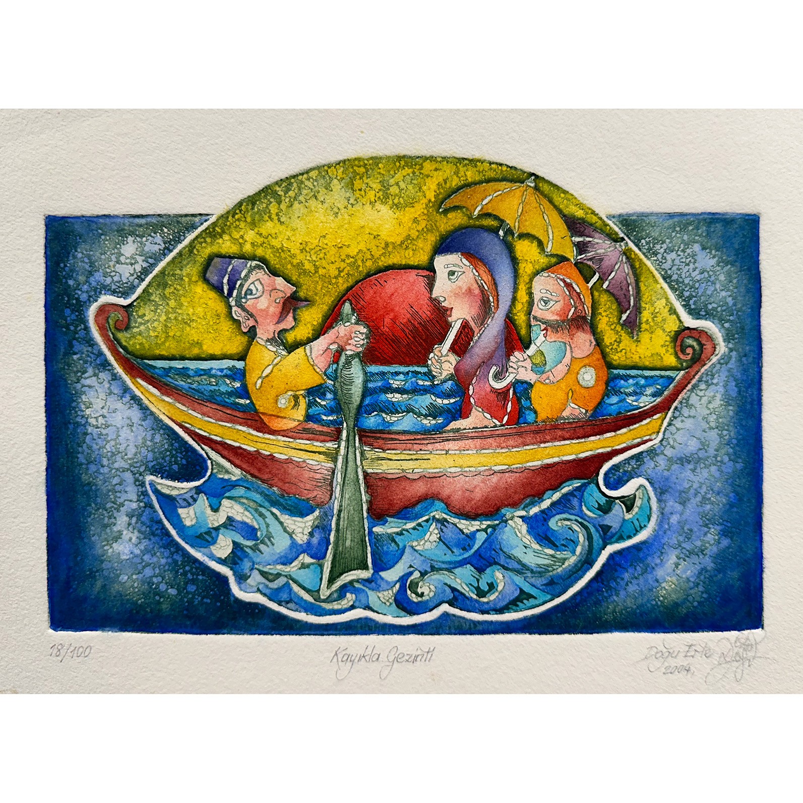 Kayıkla Gezinti - 21x30 cm Sulu Boyalı Gravür