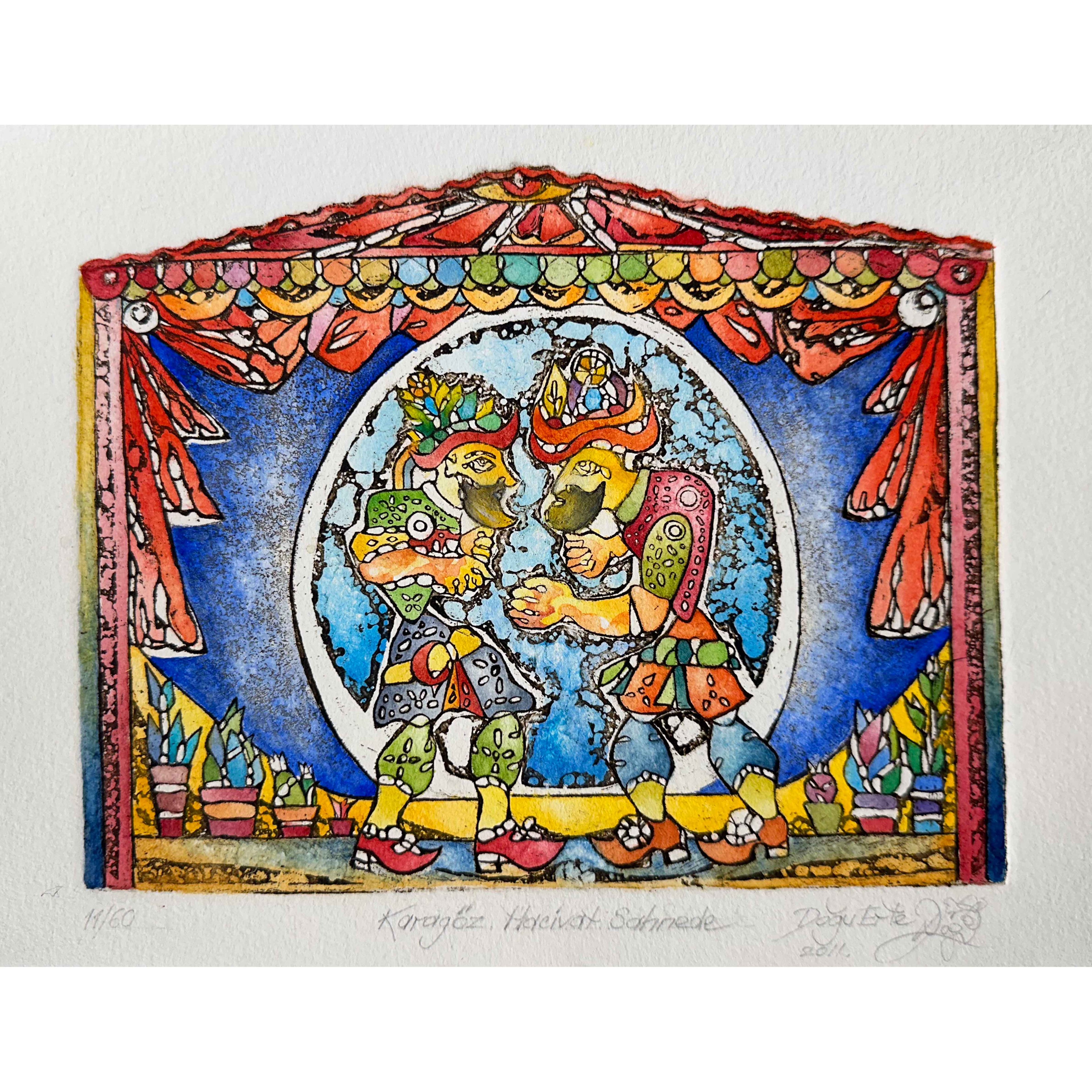 Karagöz Hacivat Sahnede - 20,5x24,5 cm Sulu Boyalı Gravür