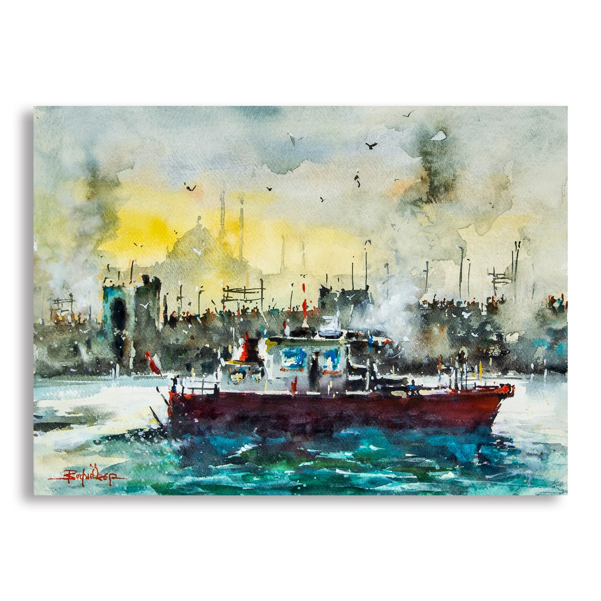Galata Bridge - 39x53 cm Watercolor Painting