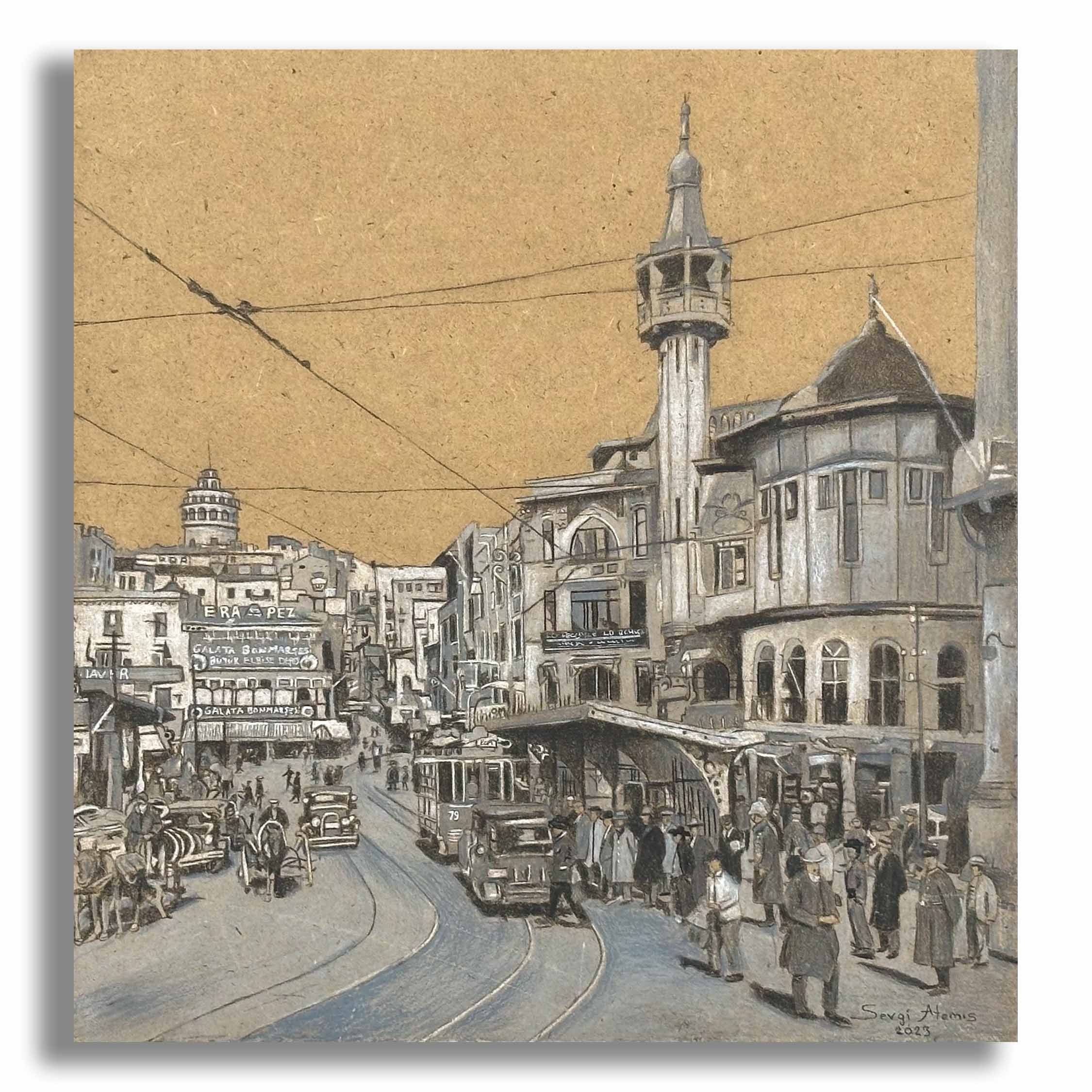 Karaköy ve Merzifonlu Kara Mustafa Paşa Cami 1930 - 31x29,5 cm Kuru Boya