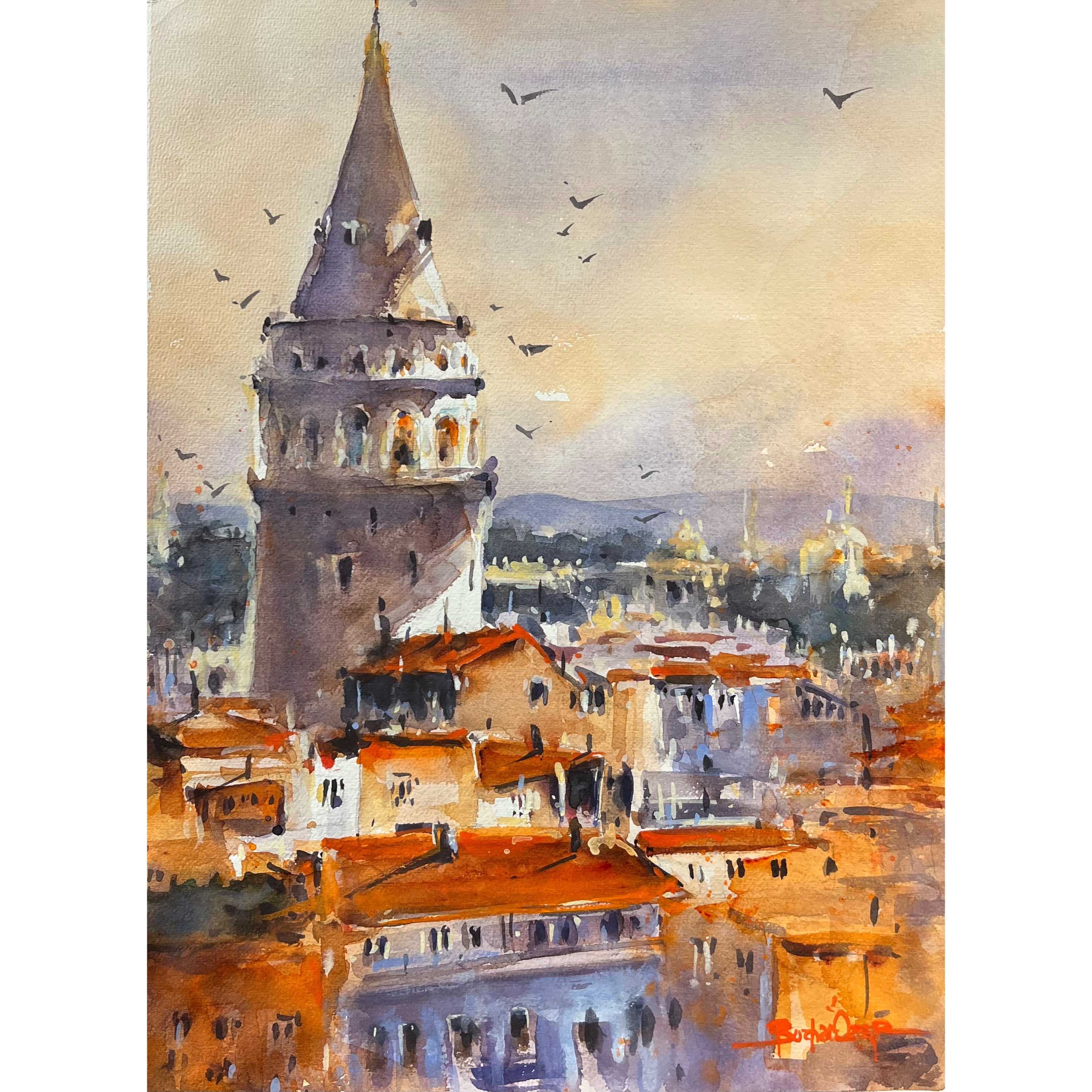 Galata : Kızıl - 46x34 cm Sulu Boya Resim