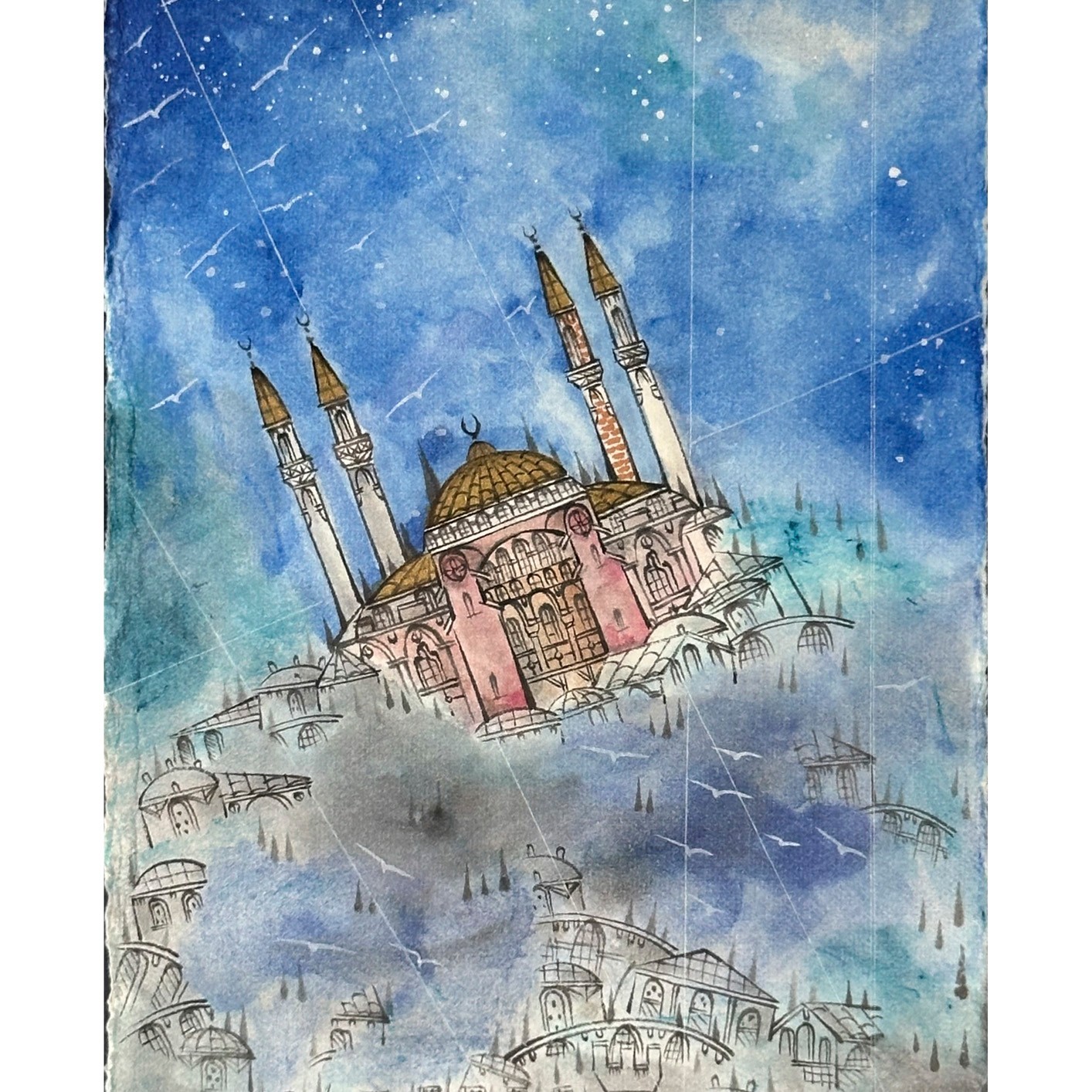 Galata Kulesi ve Ayasofya - 23x66 cm Sulu Boya Resim