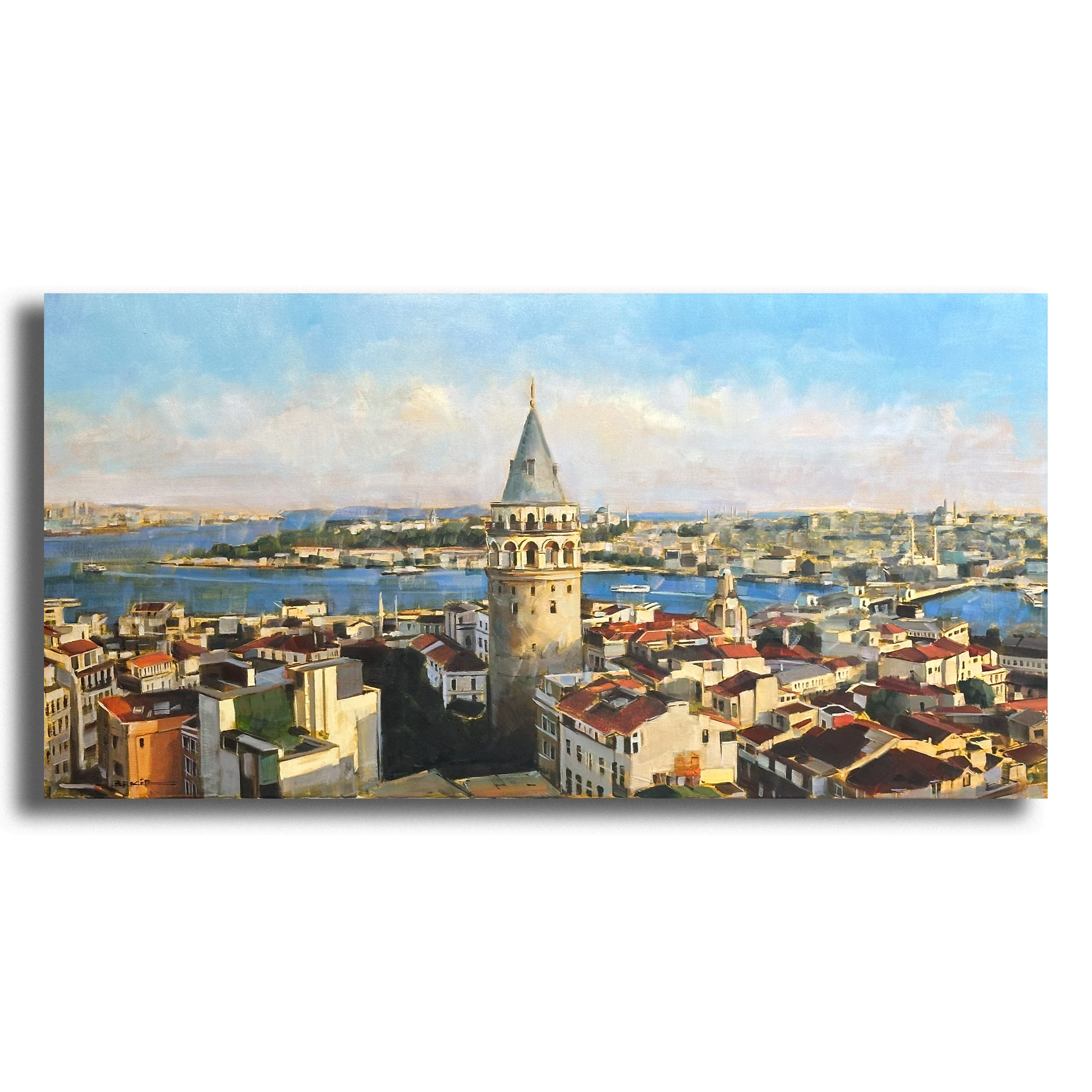 Galata'da Kuş Bakışı Manzarası - 60x120 cm Yağlı Boya Tablo