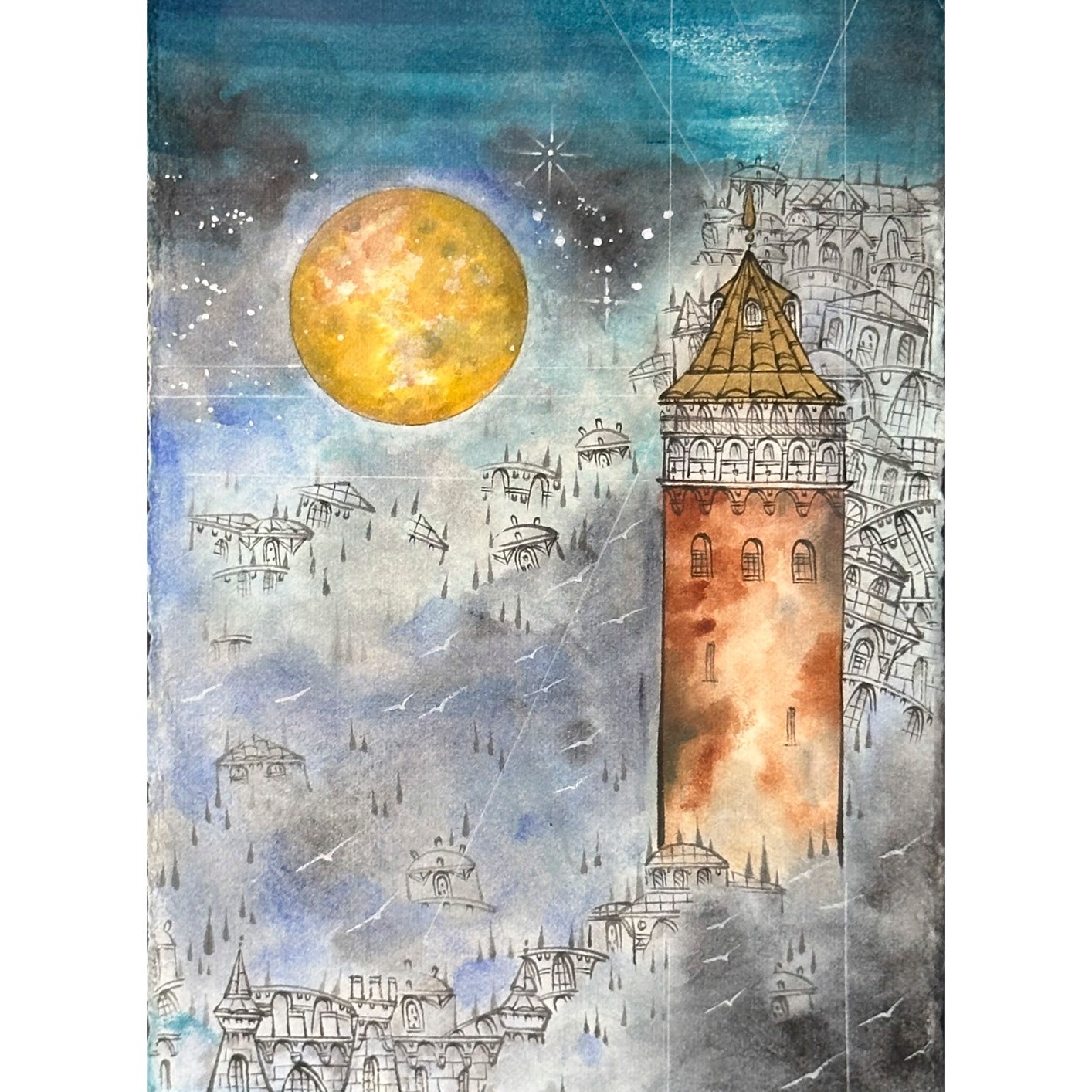 Galata Kulesi ve Ayasofya - 57x12 cm Sulu Boya Resim