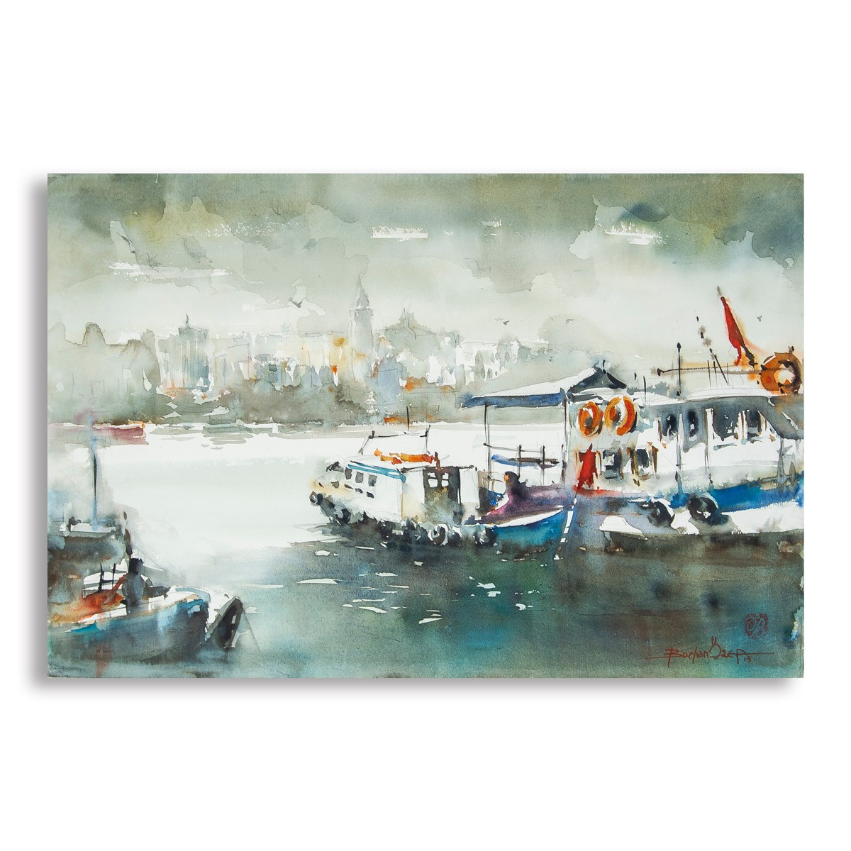 Eminönü'nden Galata'ya Bakış - 37,5x57 cm Sulu Boya Resim