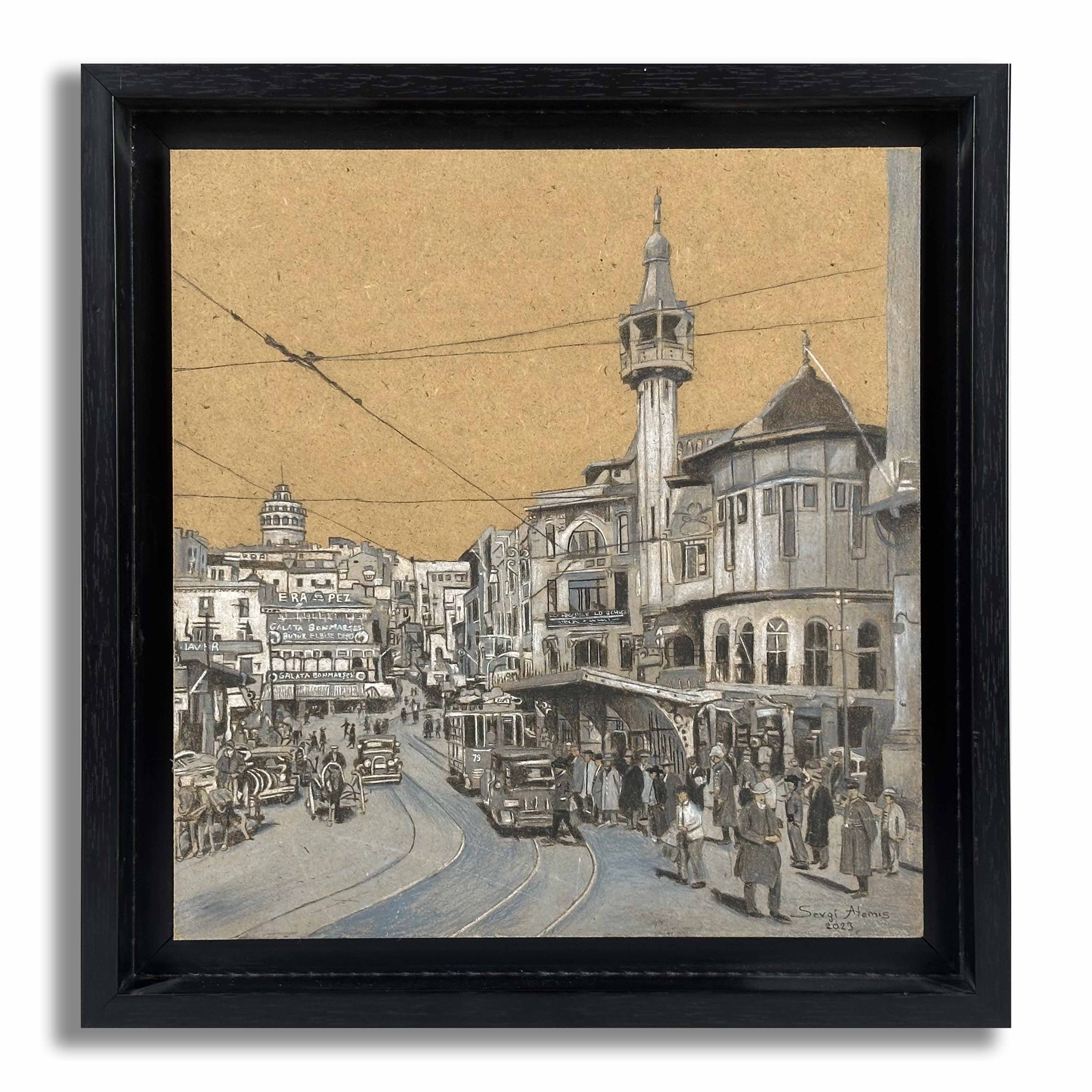 Karaköy ve Merzifonlu Kara Mustafa Paşa Cami 1930 - 31x29,5 cm Kuru Boya