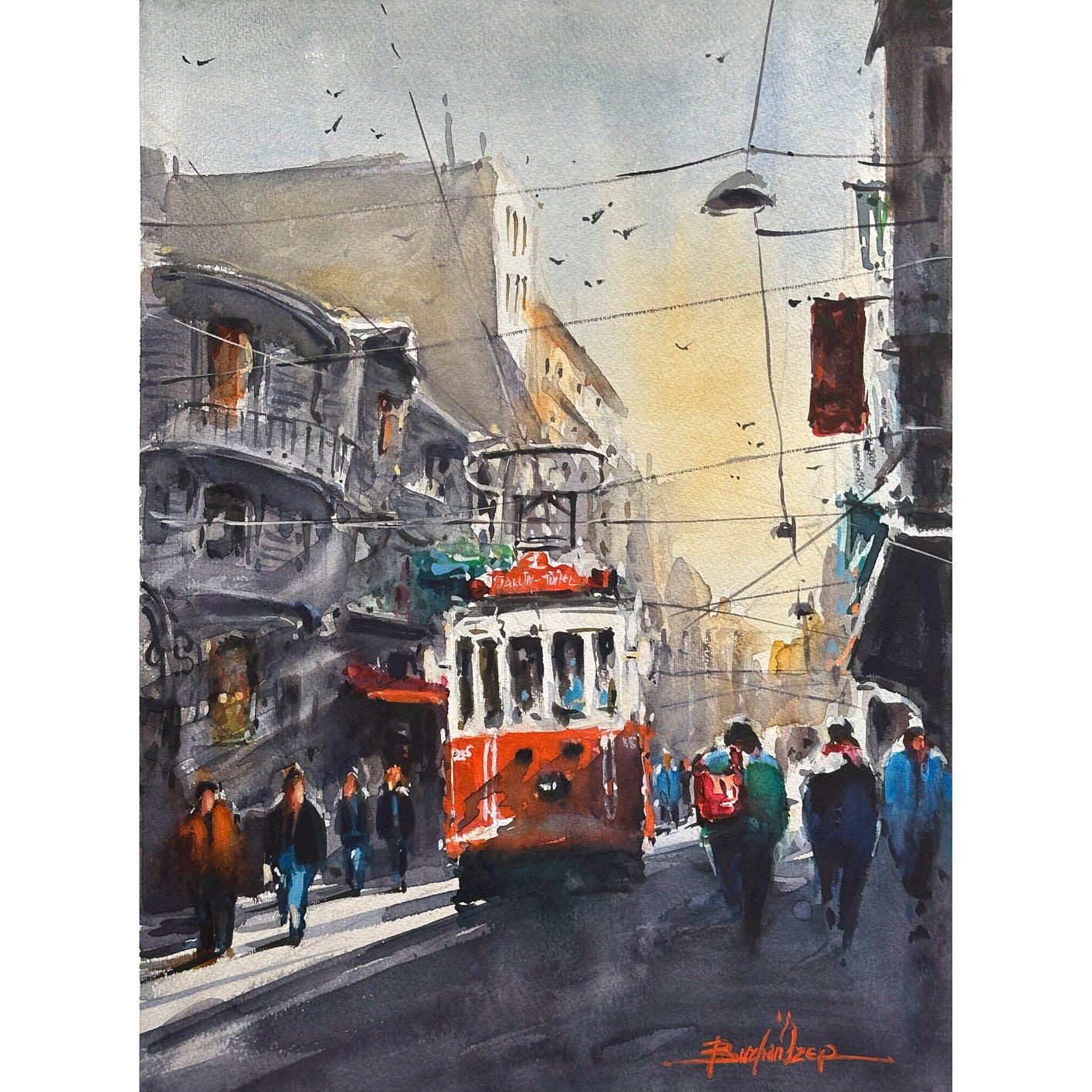 İstiklâl Caddesi -  46,5x33,5 cm Sulu Boya Resim