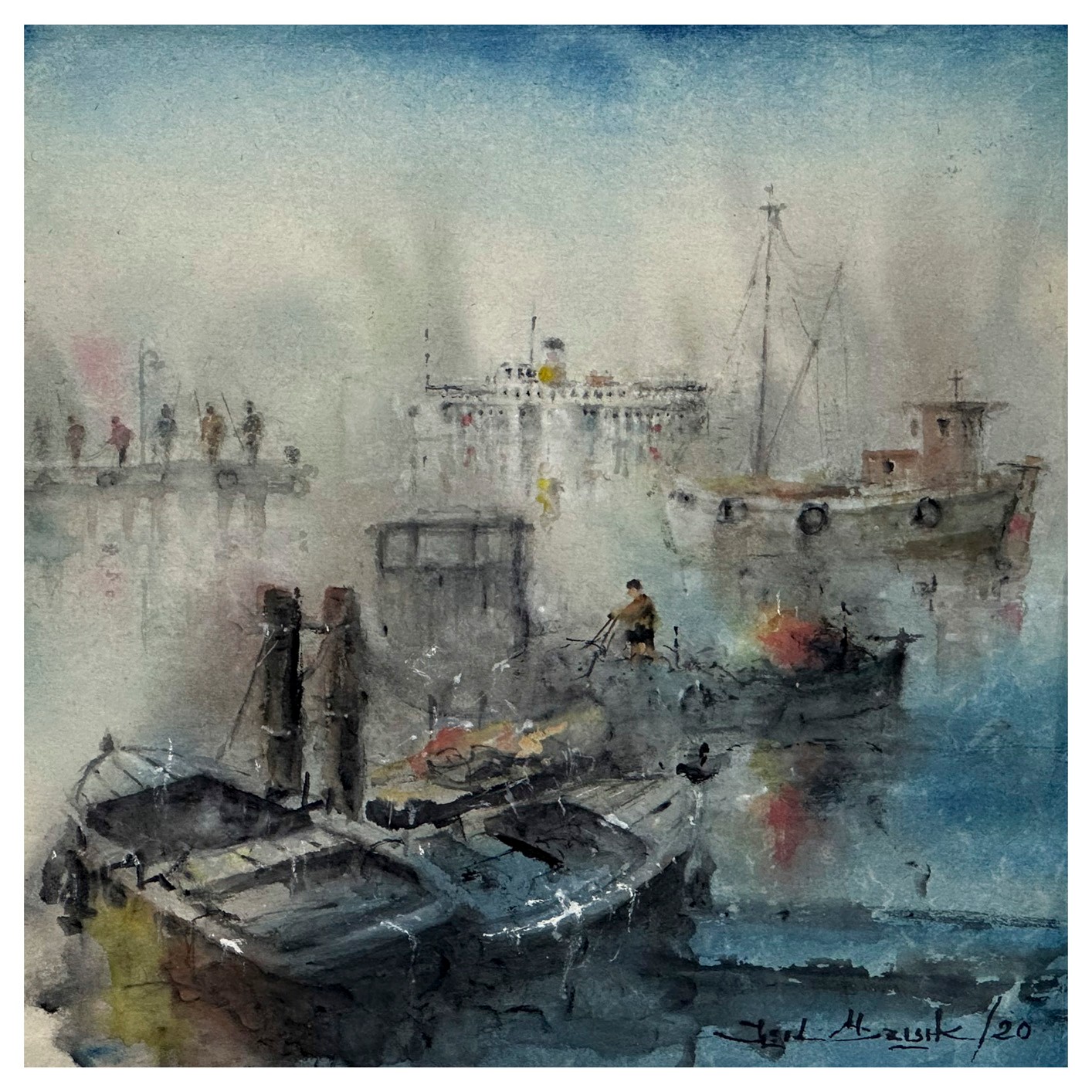 Balıkçılar - 37,5x37,5 cm Sulu Boya Resim