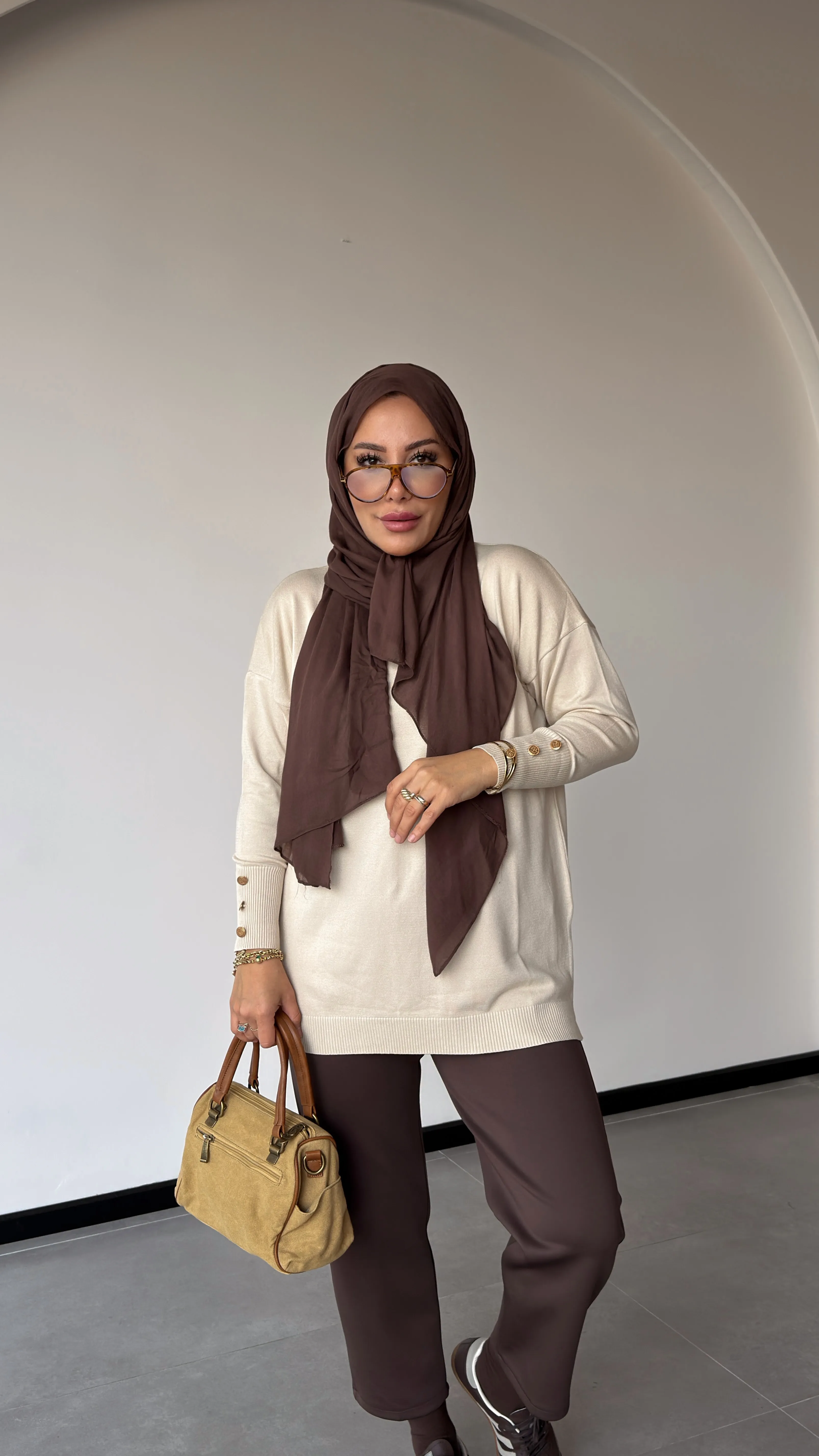 KOLU DÜĞME DETAYLI MERSERİZE TUNİK-MERWİŞ - Bej