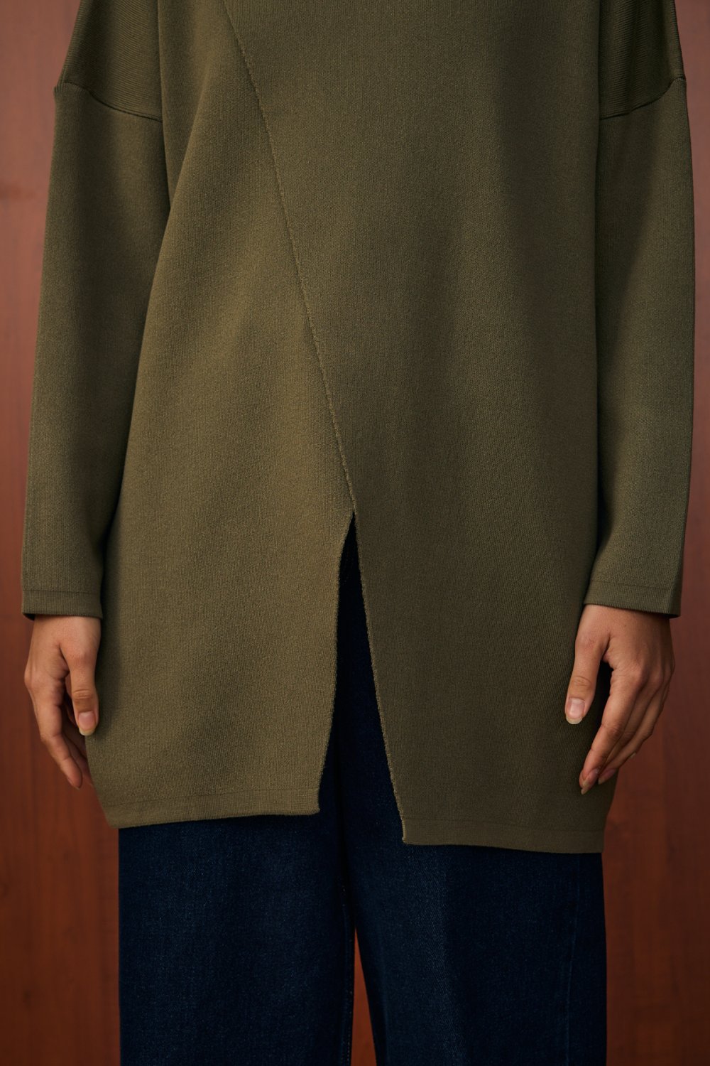 V PAMUK MERSERİZE KAZAK - Haki Yeşil