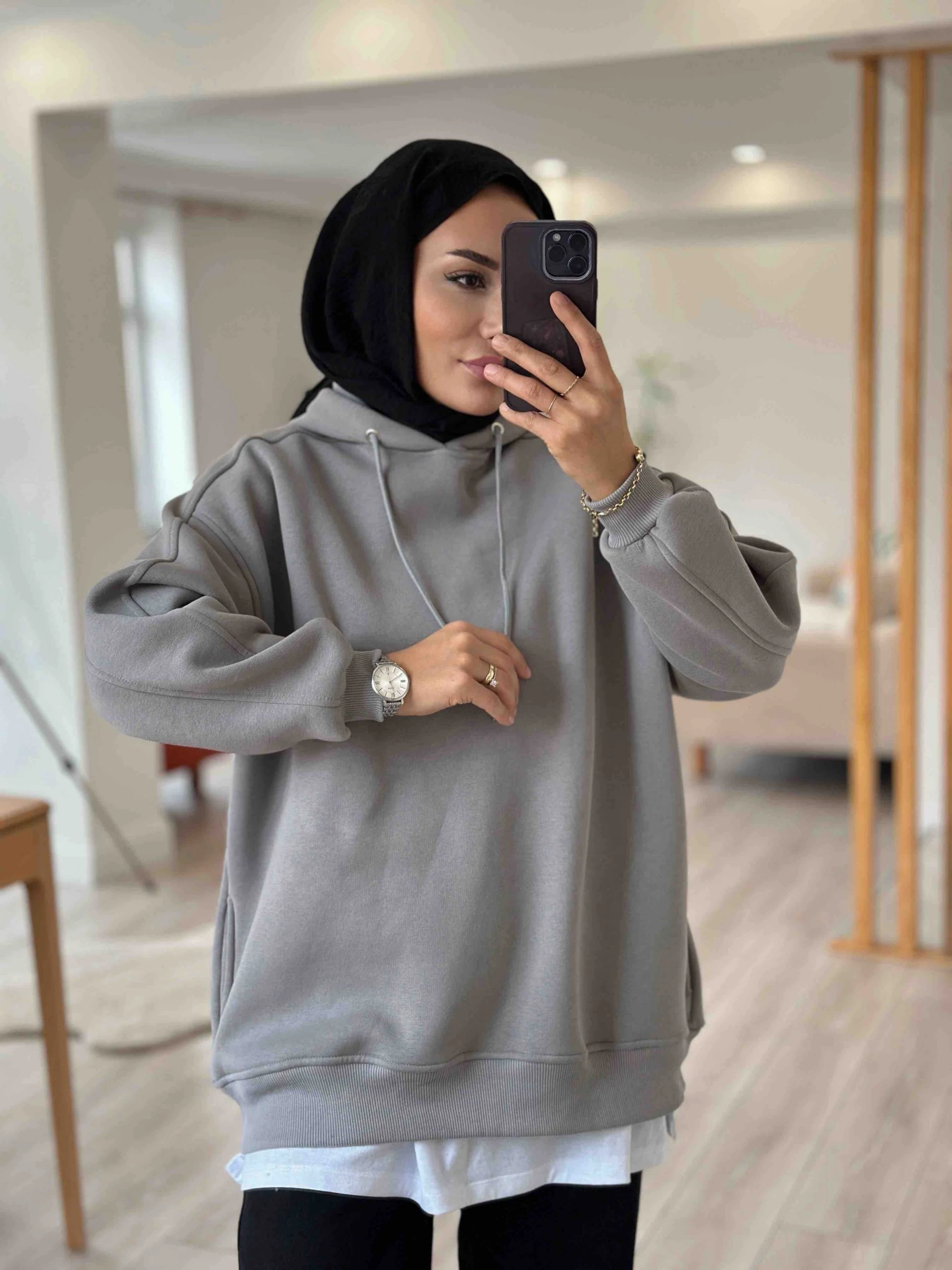 KAPŞONLU ÜÇ İPLİK ŞARDONLU OWERSİZE SWEAT