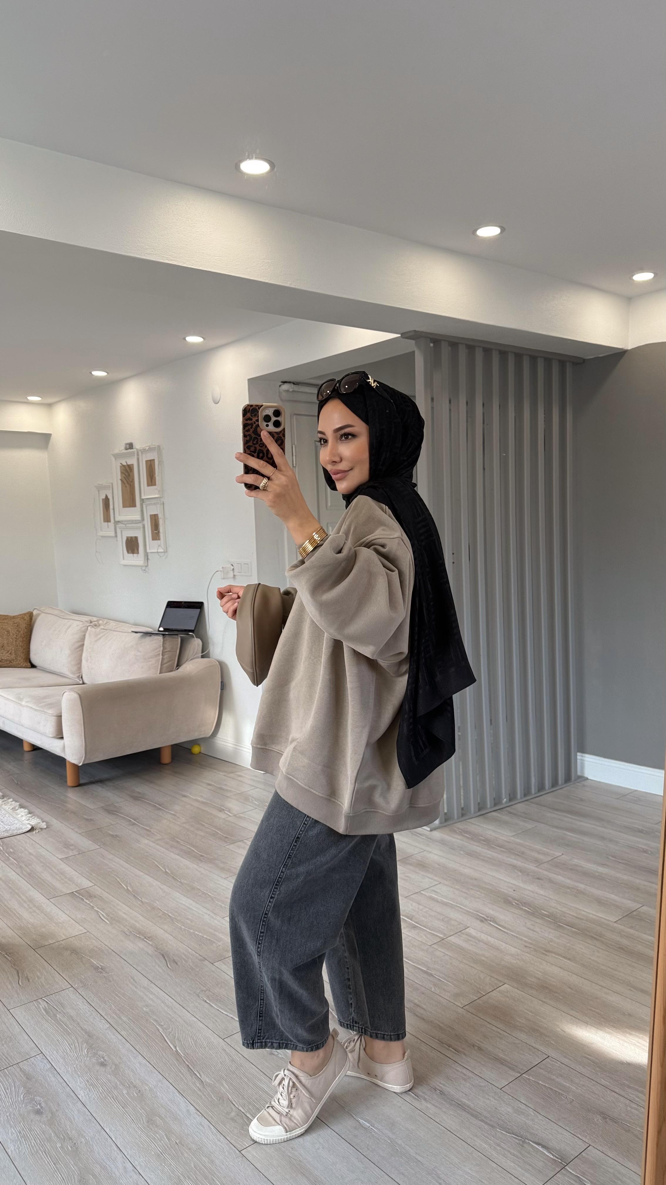 OWERSİZE ŞARDONLU SWEAT - Vizon