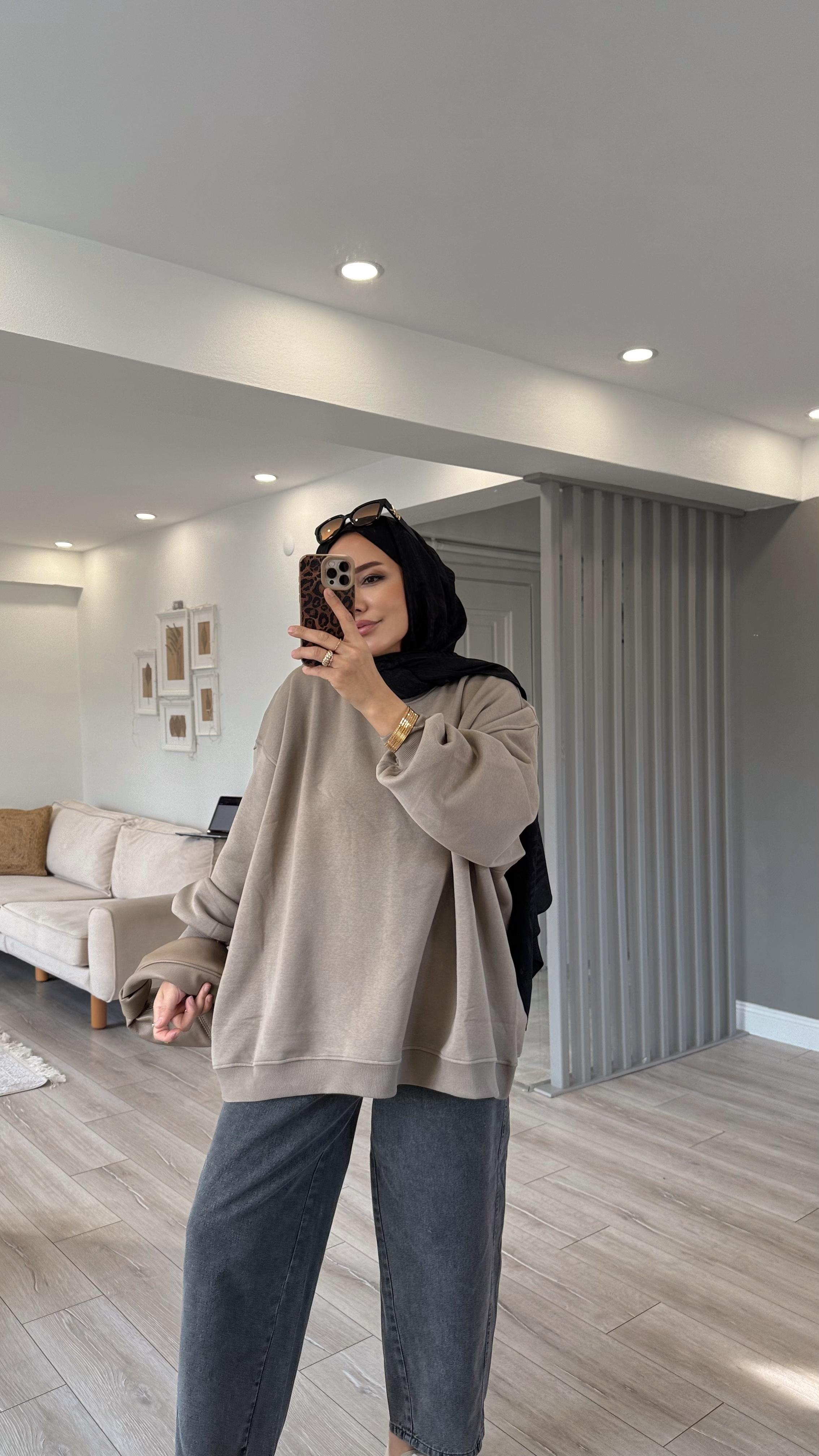 OWERSİZE ŞARDONLU SWEAT - Vizon