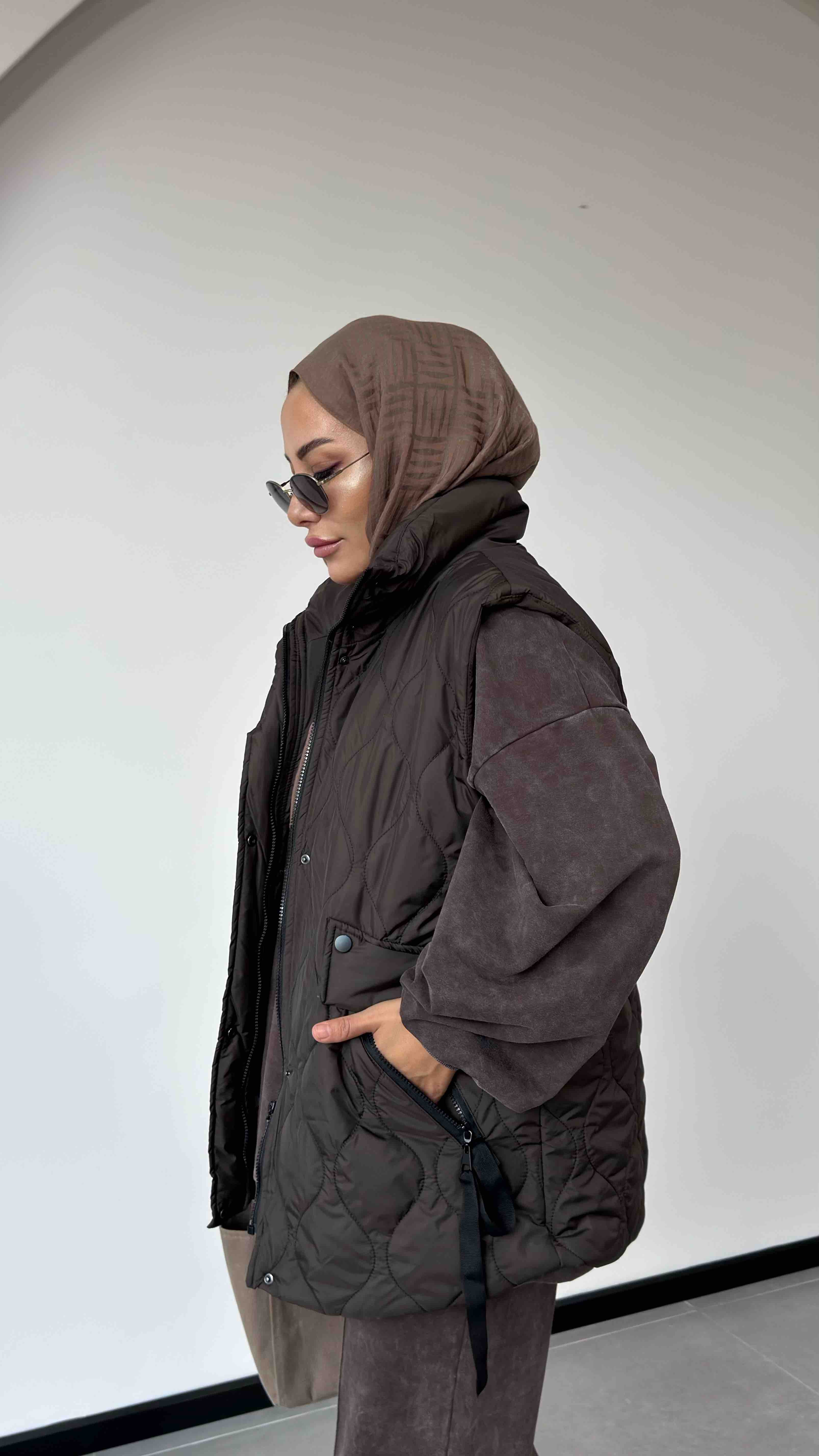 DİK YAKA SPOR ŞİŞME YELEK - Kahve