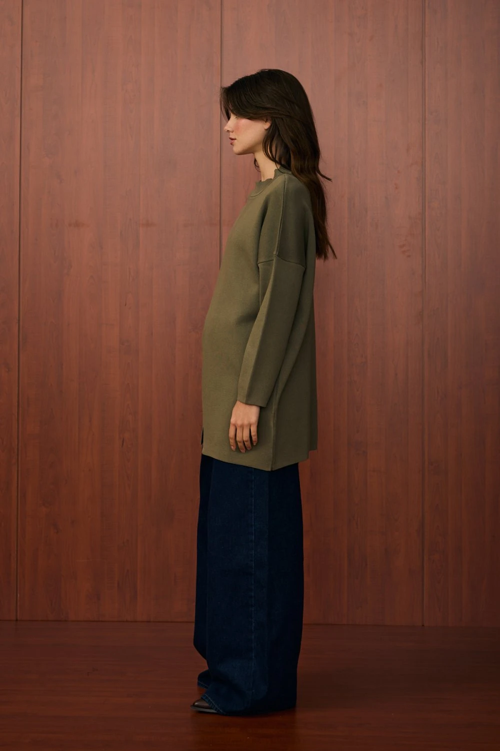 V PAMUK MERSERİZE KAZAK - Haki Yeşil