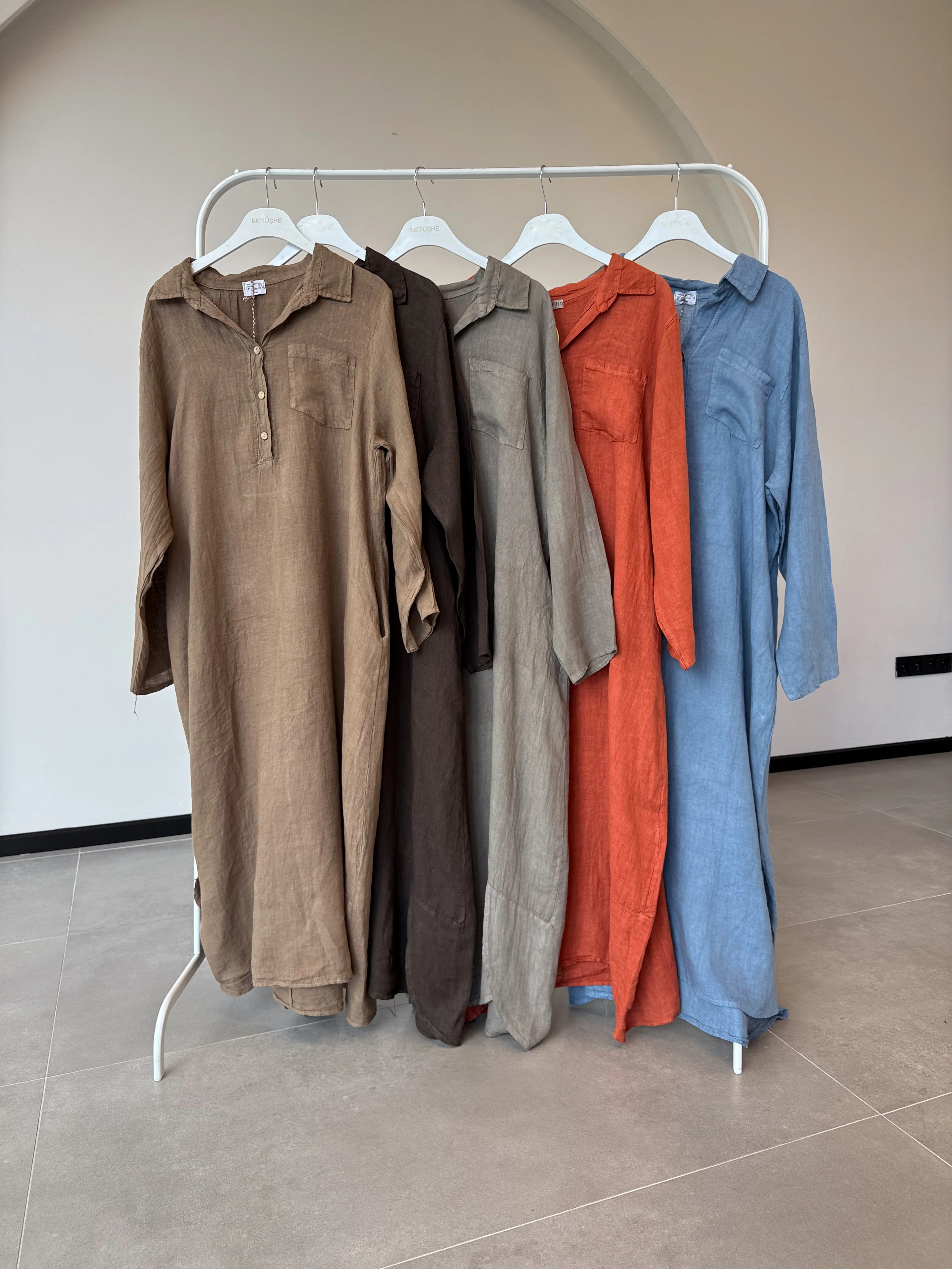 PAT YAKALI KETEN ELBİSE TUNİK