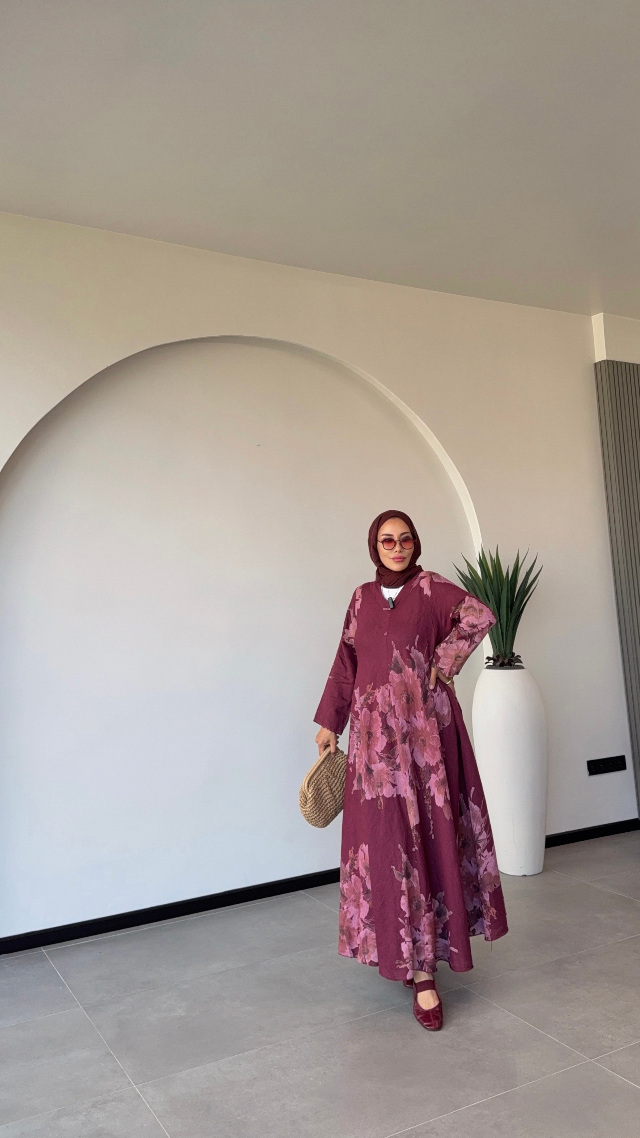 KETEN KLOŞ DESENLİ ELBİSE