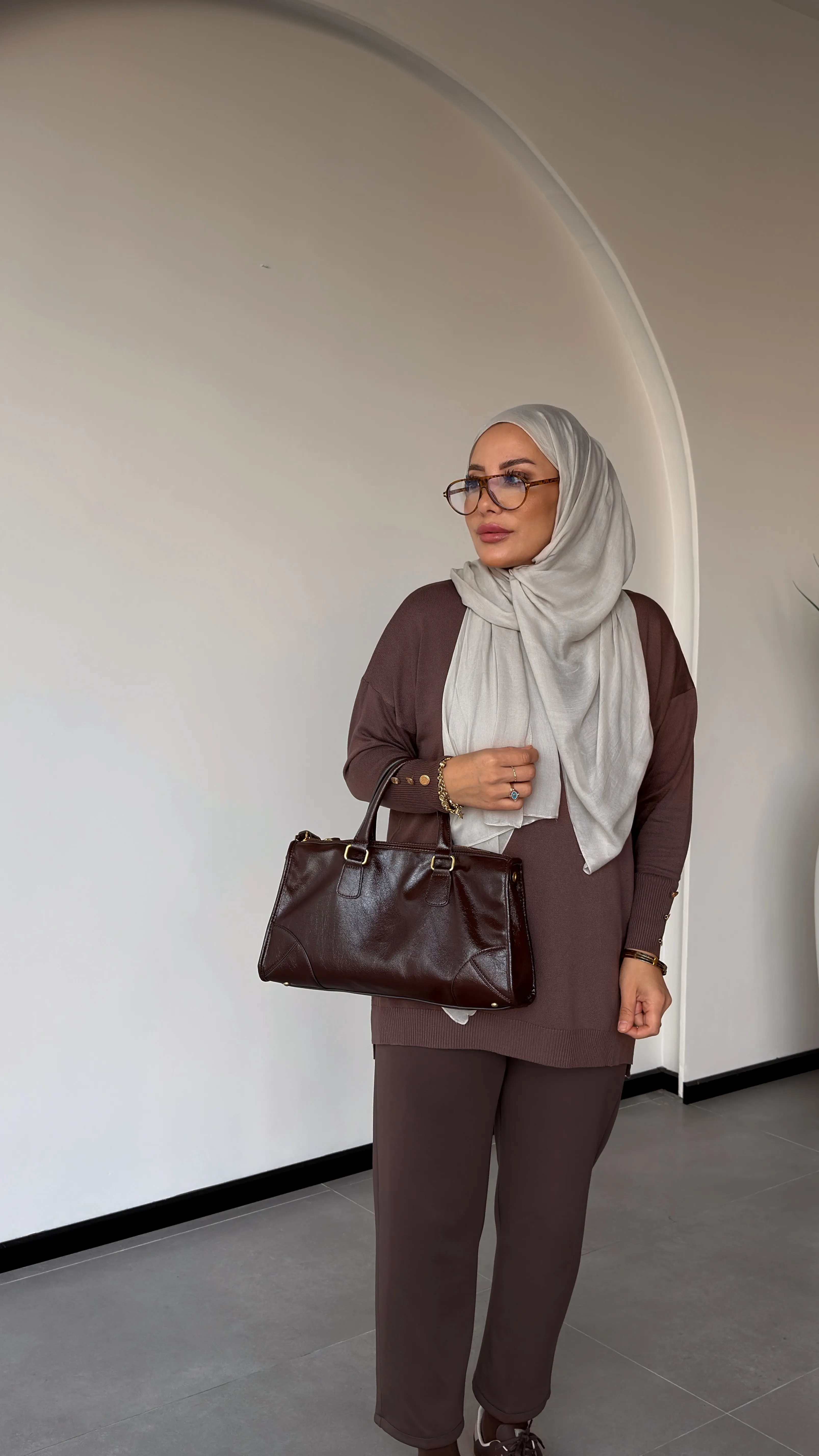 KOLU DÜĞME DETAYLI MERSERİZE TUNİK-MERWİŞ - Kahve