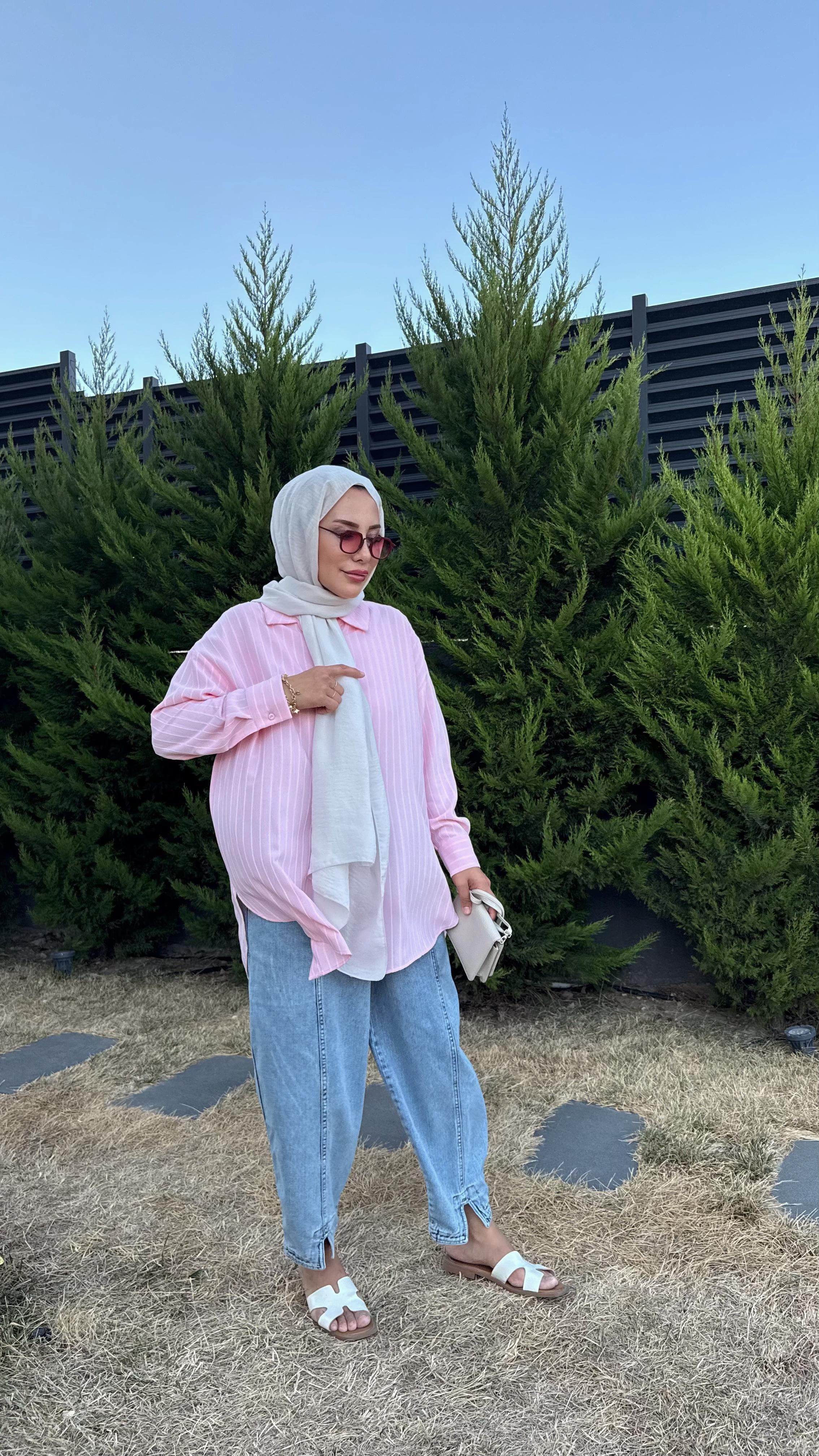 KREP OWERSİZE ÇİZGİLİ GÖMLEK