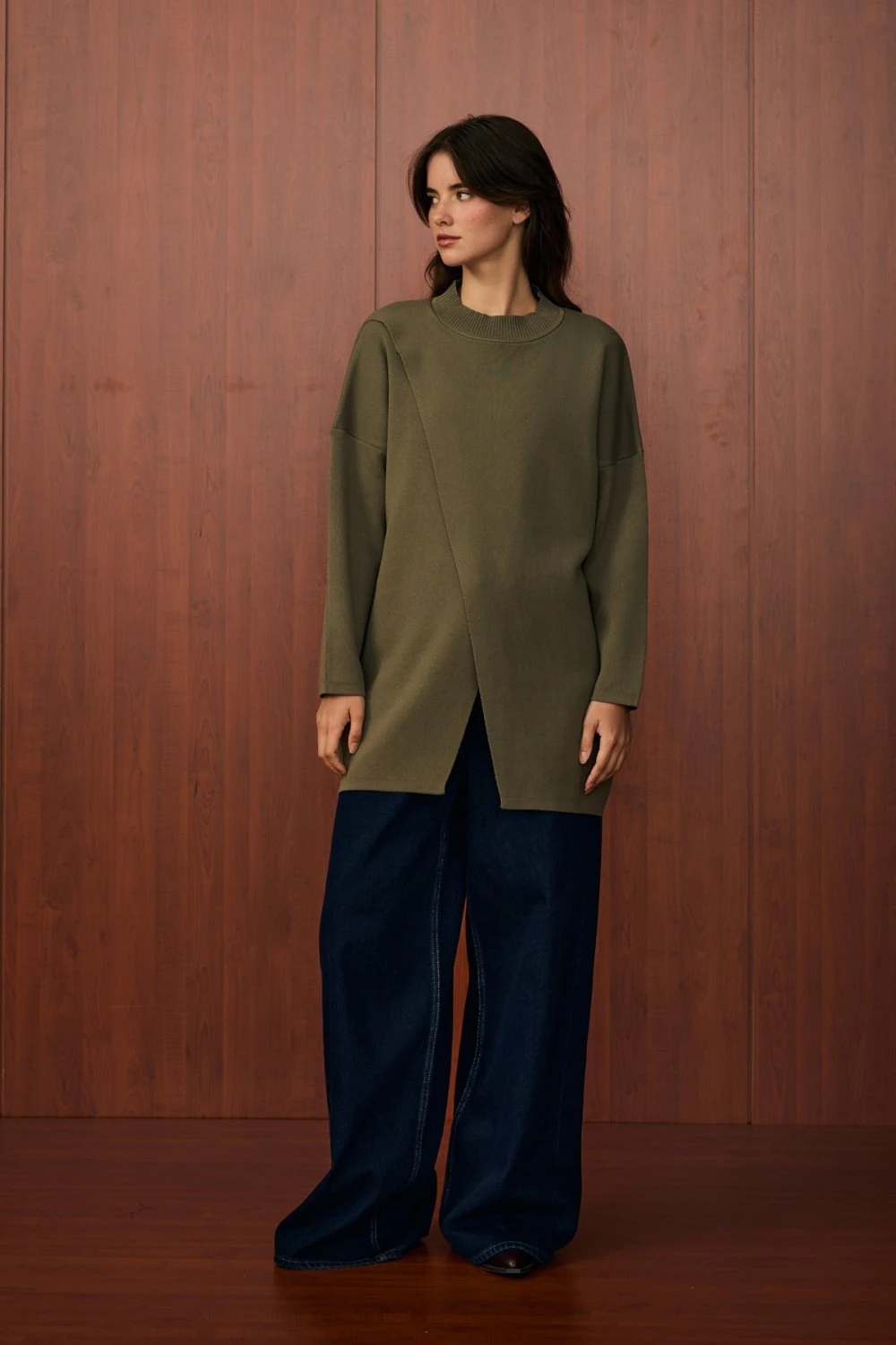 V PAMUK MERSERİZE KAZAK - Haki Yeşil